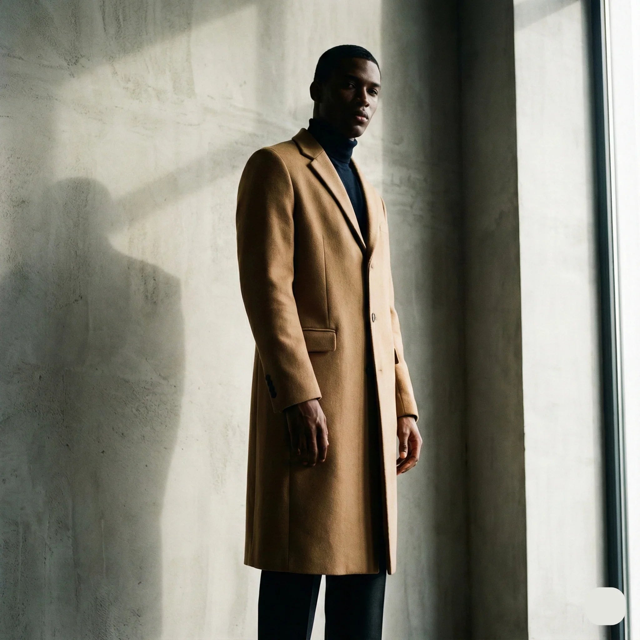 Man in camel overcoat and black turtleneck standing by a window in a modern setting