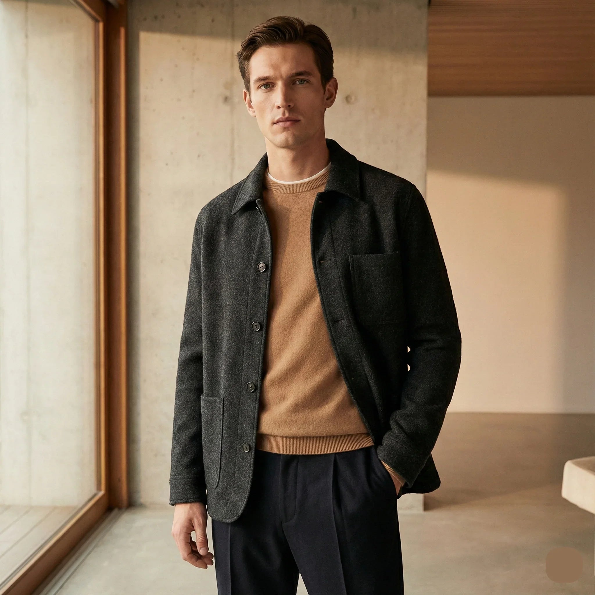 Man wearing a charcoal wool jacket over a tan sweater and navy trousers in a modern room