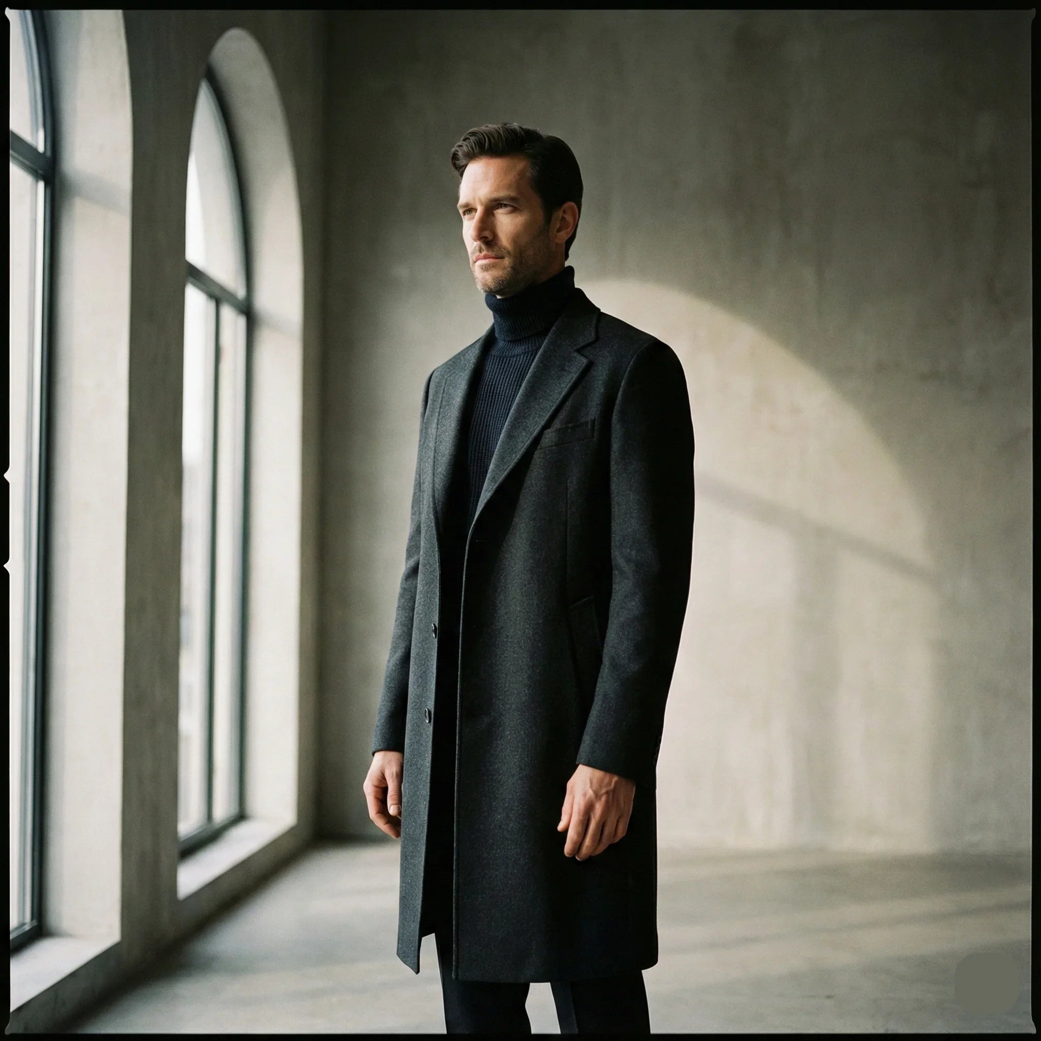 Man in charcoal wool overcoat and black turtleneck standing by arched windows