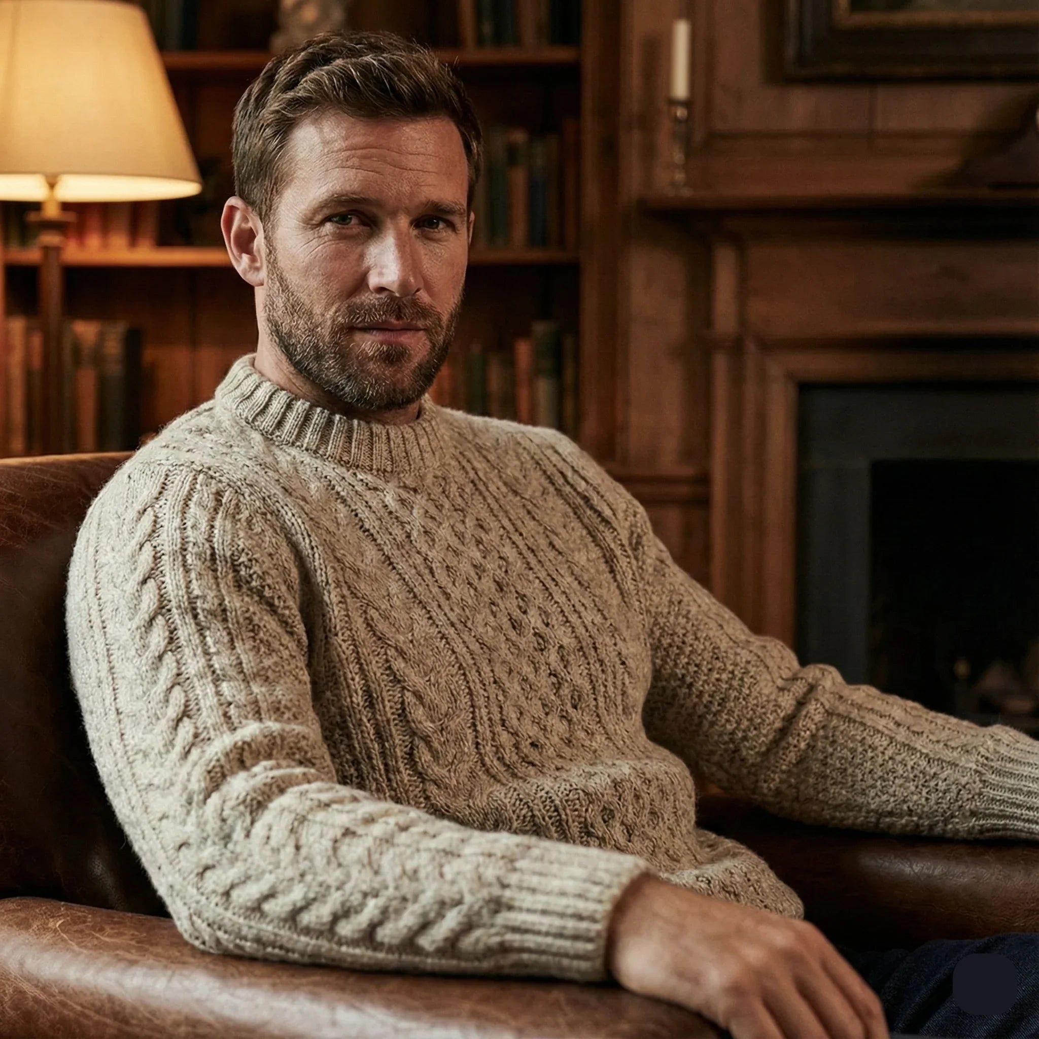 Man wearing textured cable knit sweater sitting in a cozy library with wood decor