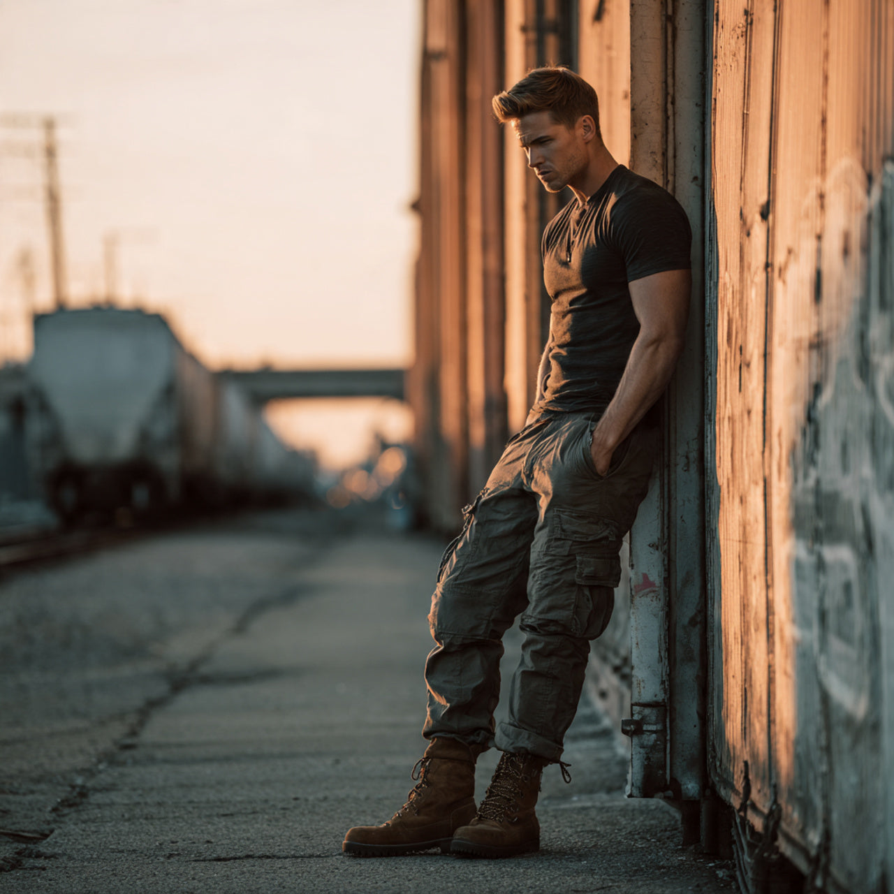 “American male model in modern slim cargo pants and rugged boots, leaning against an industrial loading dock with warehouse textures and distant train tracks, warm directional light, utilitarian-luxury mood, no text or logos.”