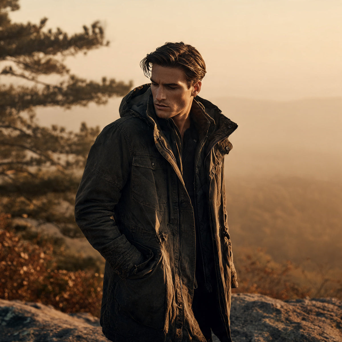 “American male model wearing premium outerwear — layered parka or leather field jacket — standing on a misty mountain overlook at dawn, pine trees and rocky terrain behind, cinematic lighting with soft fog, rugged yet refined tone, no text or logos.”