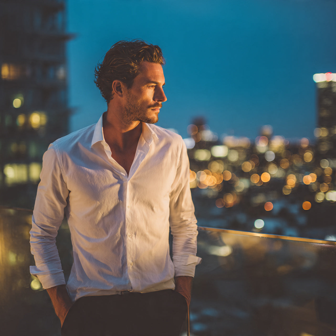 “Male model in crisp button-down shirt standing at upscale rooftop bar, evening city lights glowing behind, elegant fashion tone, no text or logos.”