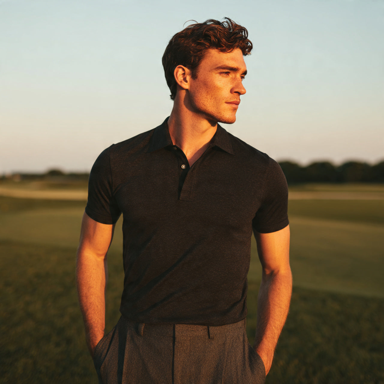 “Male model in fitted polo shirt standing on golf course, sunset in background, clean premium aesthetic, relaxed posture, no text or logos.”