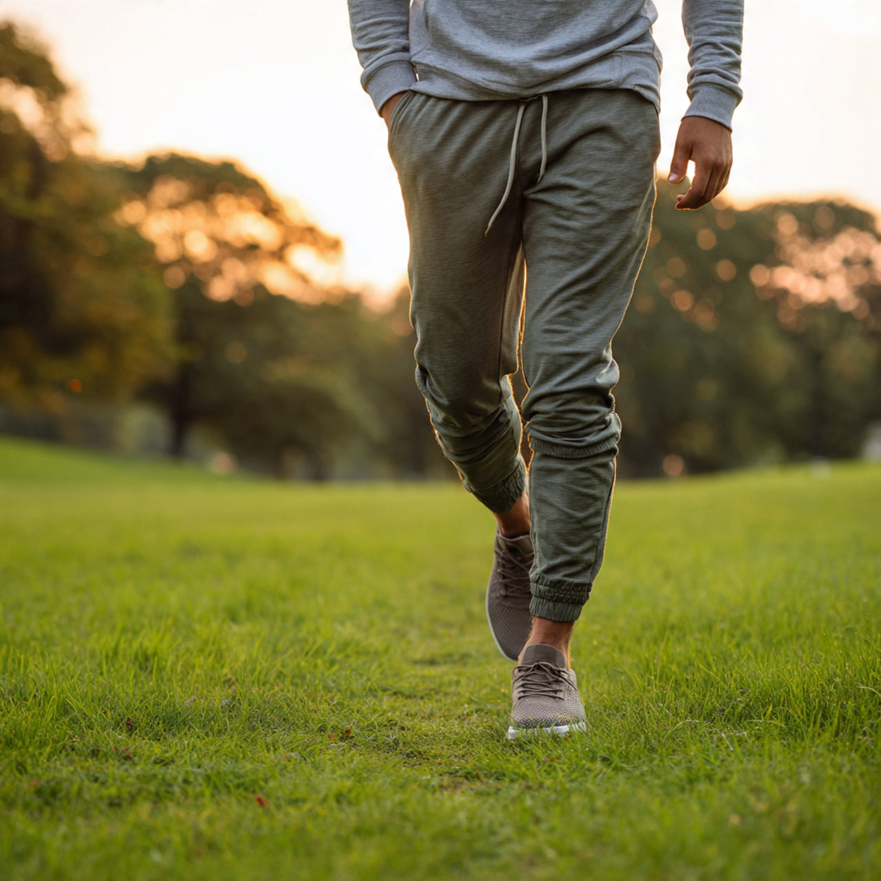 “Male model in joggers and sneakers jogging through a green park at sunrise, soft light and motion blur, sporty yet stylish tone, no text or logos.”