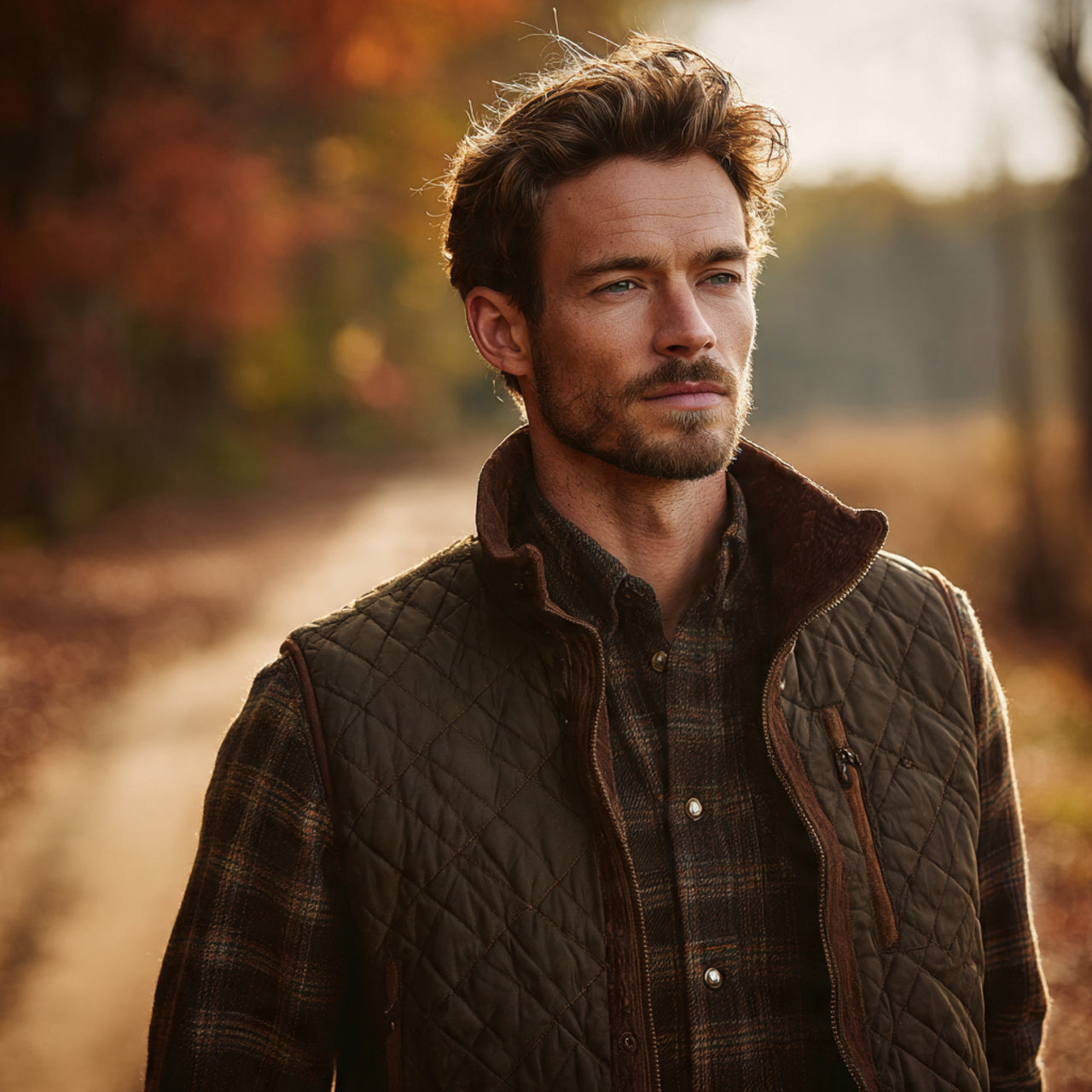 “Male model in quilted vest layered over flannel, hiking trail with fall leaves in background, natural sunlight, rugged but refined look, no text or logos.”