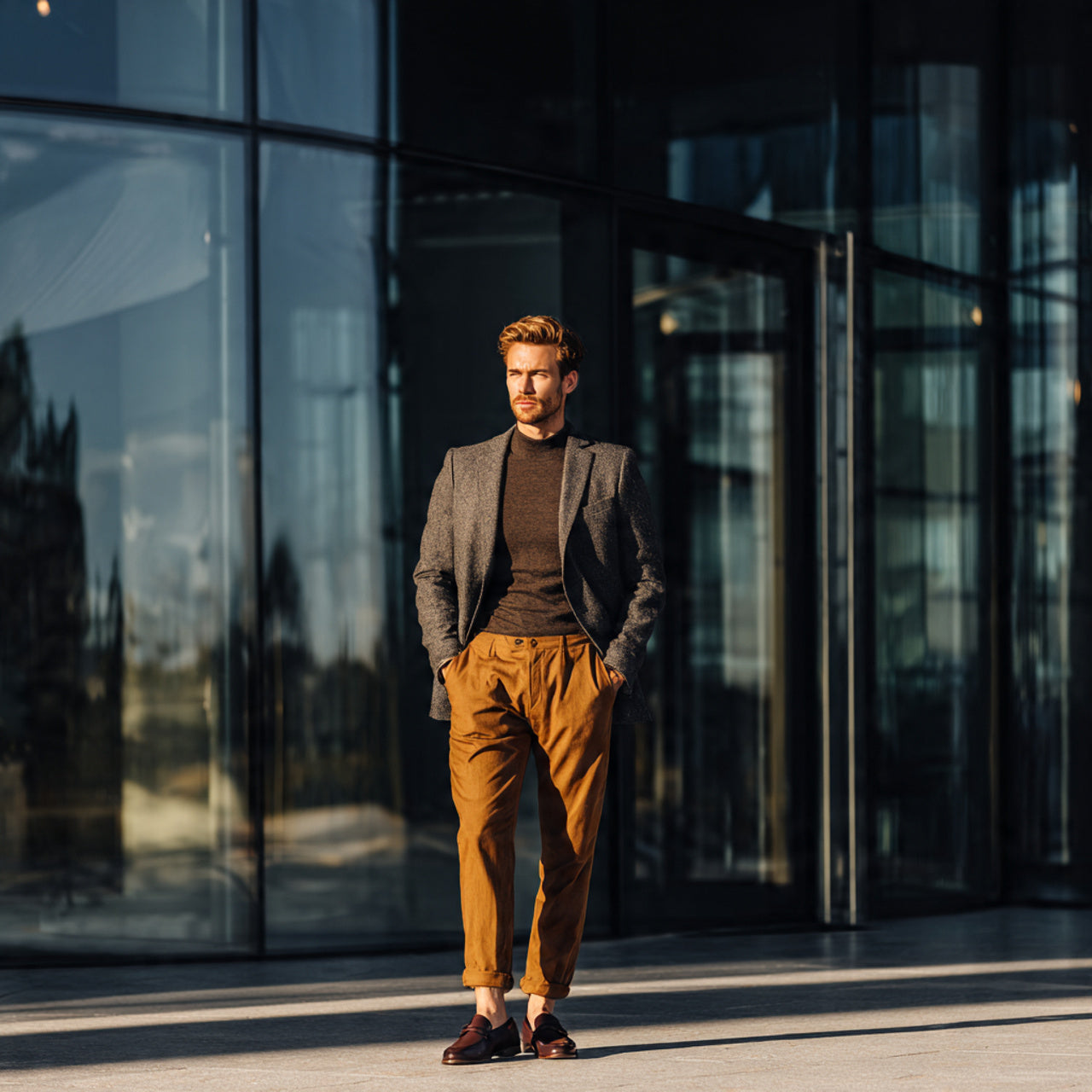 “Male model in tailored pants and loafers standing in front of modern office glass building, morning sunlight reflections, business-casual confidence, no text or logos.”
