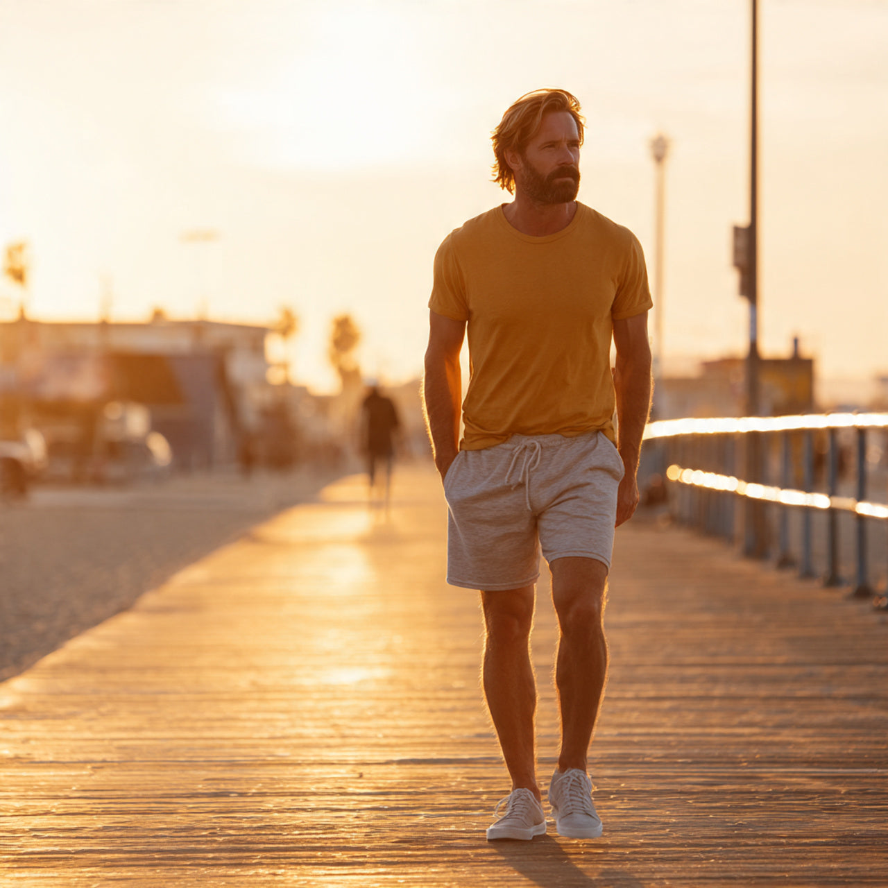 “Male model in tailored shorts and tee walking along sunny beach boardwalk, warm golden sunlight, relaxed summer mood, no text or logos.”