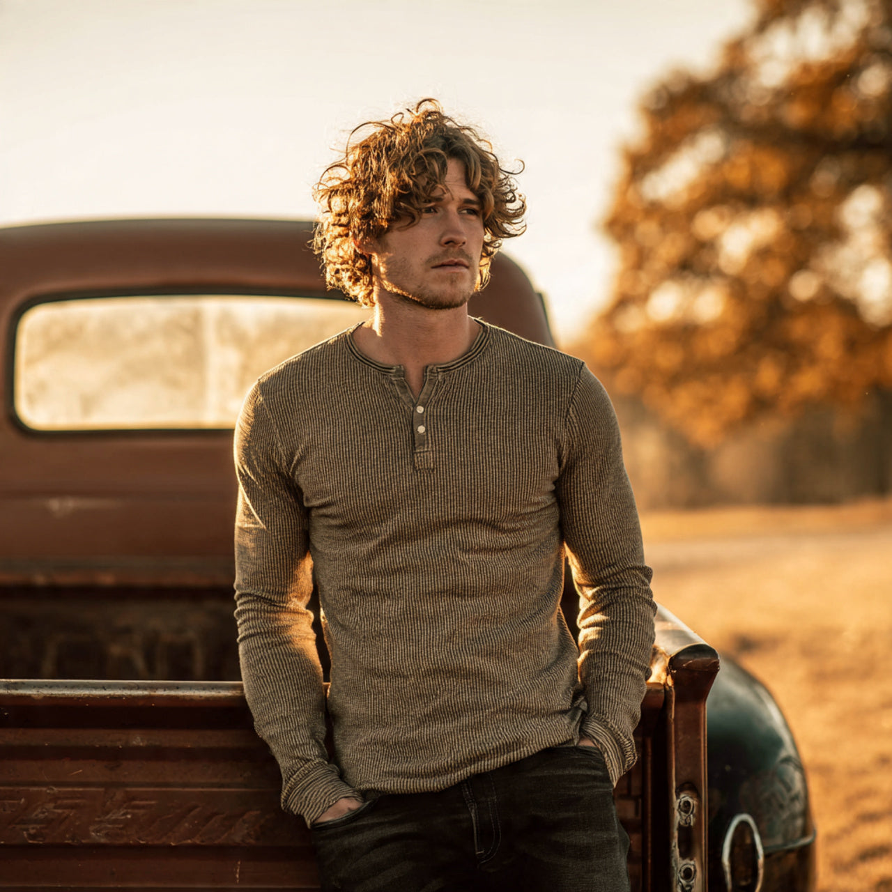 “Male model in textured Henley shirt leaning against vintage pickup truck in Montana countryside, autumn trees in background, golden-hour light, rustic elegance, no text or logos.”