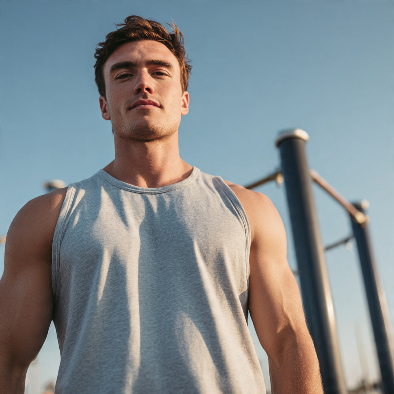 “Male model wearing athletic tank top at outdoor gym or beach workout area, early morning sun, toned build, natural colors, no text or logos.”