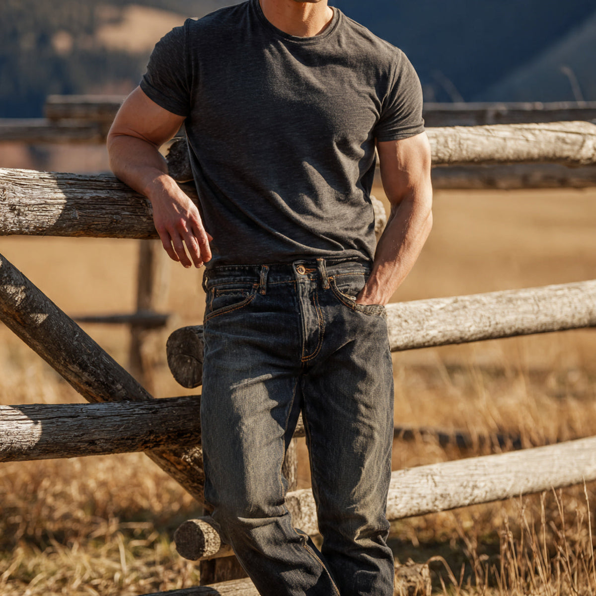 “Male model wearing dark indigo jeans and plain tee leaning against rustic wooden fence in Montana field, sunlight highlighting denim texture, no text or logos.”