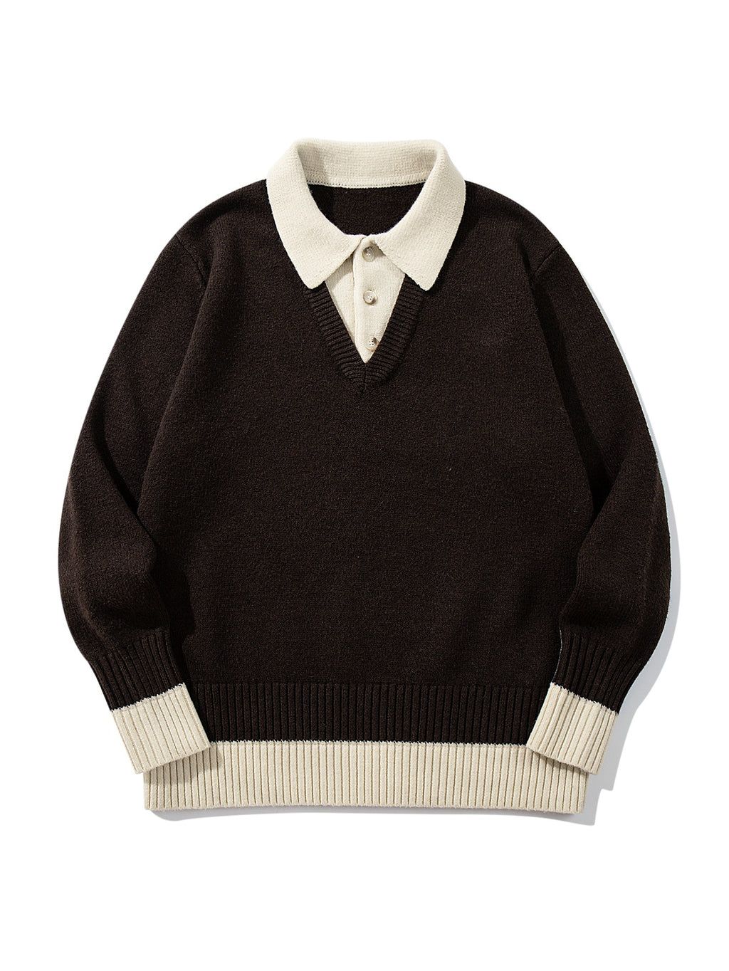 Color-Blocked Mock Two-Piece Knit Sweater with Turn-Down Collar, Unisex Casual Versatile Pullover