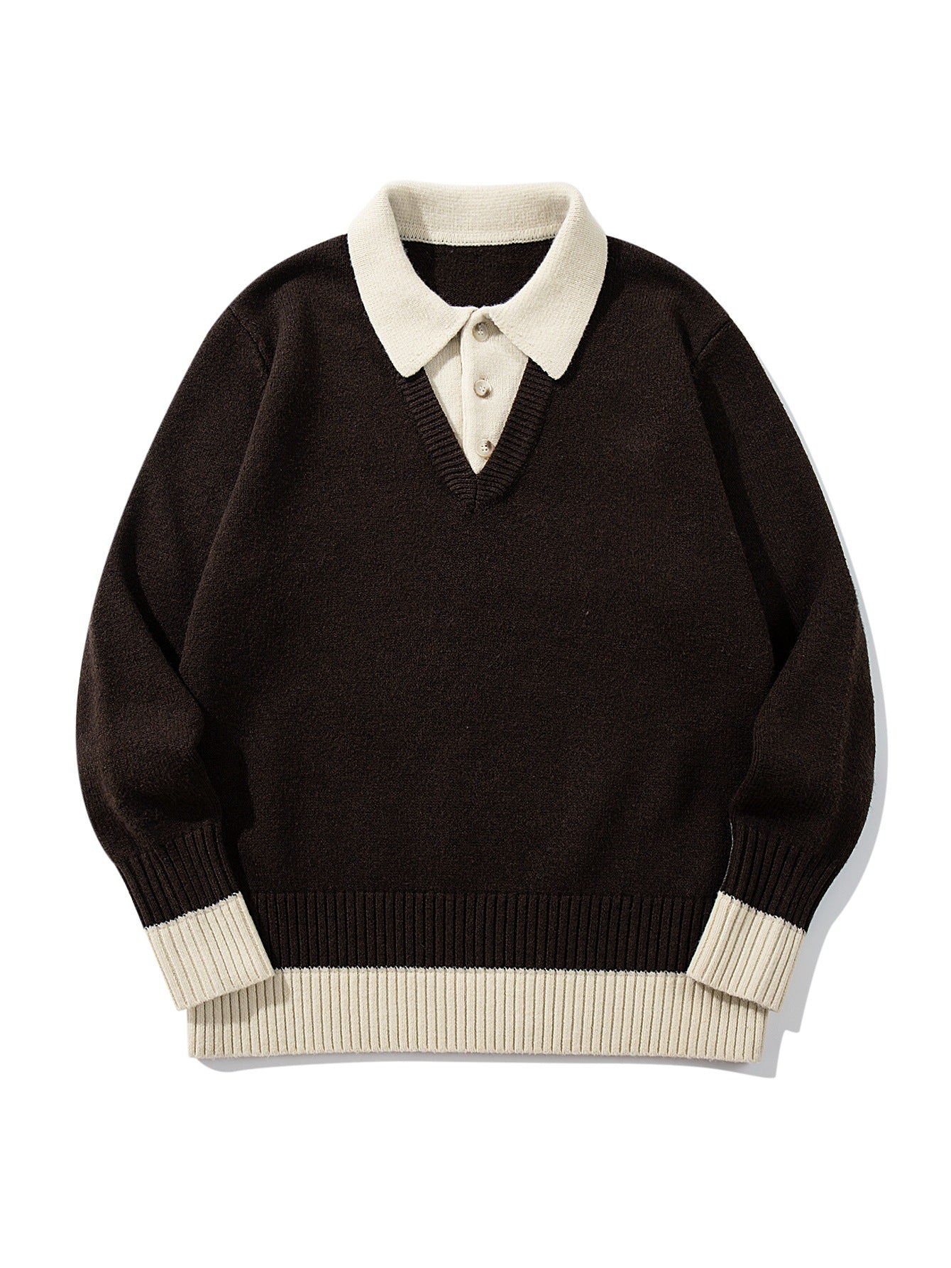 Color-Blocked Mock Two-Piece Knit Sweater with Turn-Down Collar, Unisex Casual Versatile Pullover