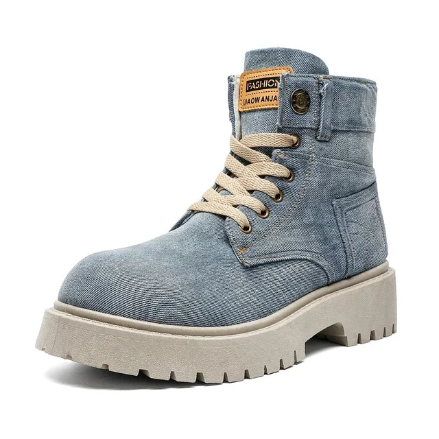 Cowboy boots new autumn thick soled Martin boots fashionable retro washed high top big toe shoes for men