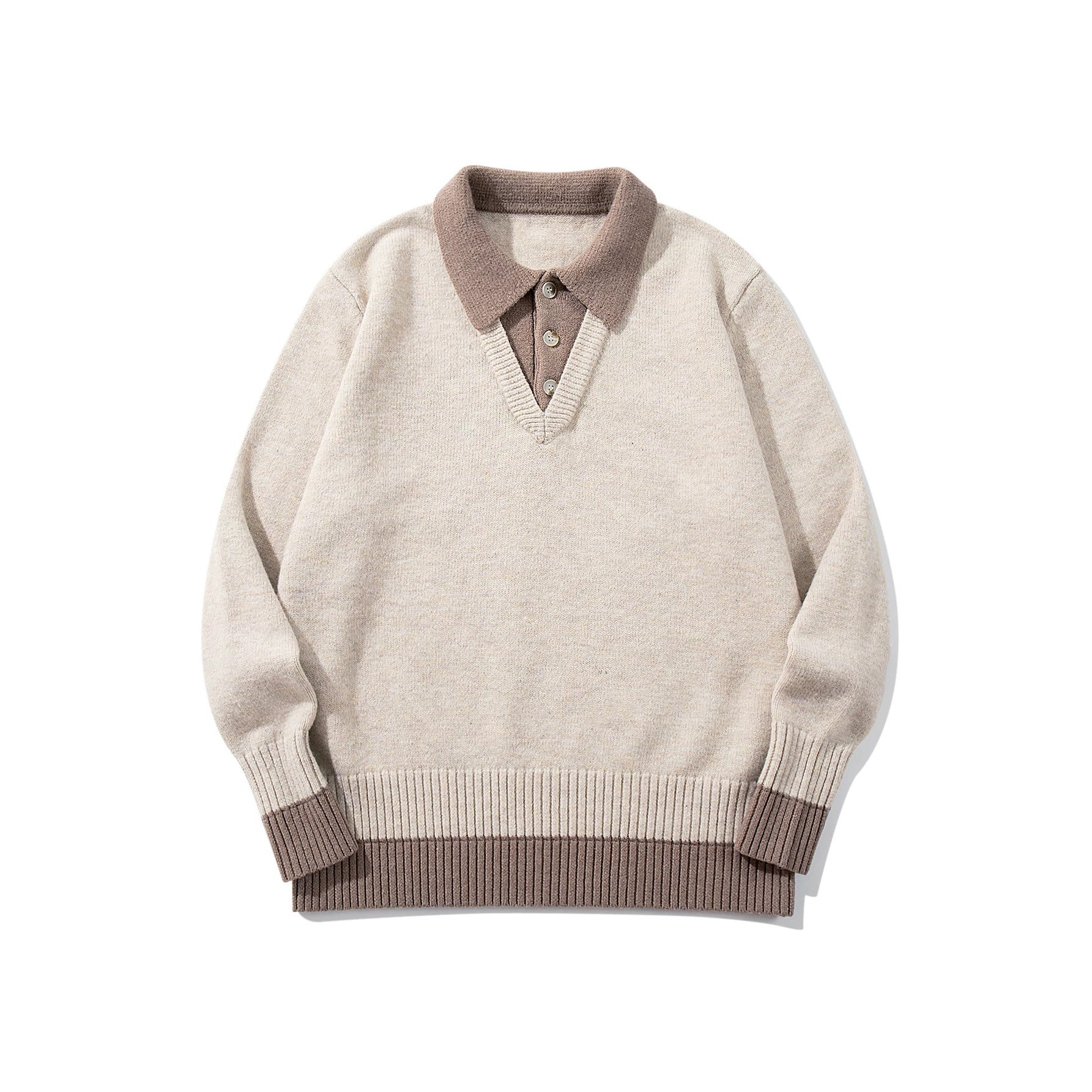 Color-Blocked Mock Two-Piece Knit Sweater with Turn-Down Collar, Unisex Casual Versatile Pullover