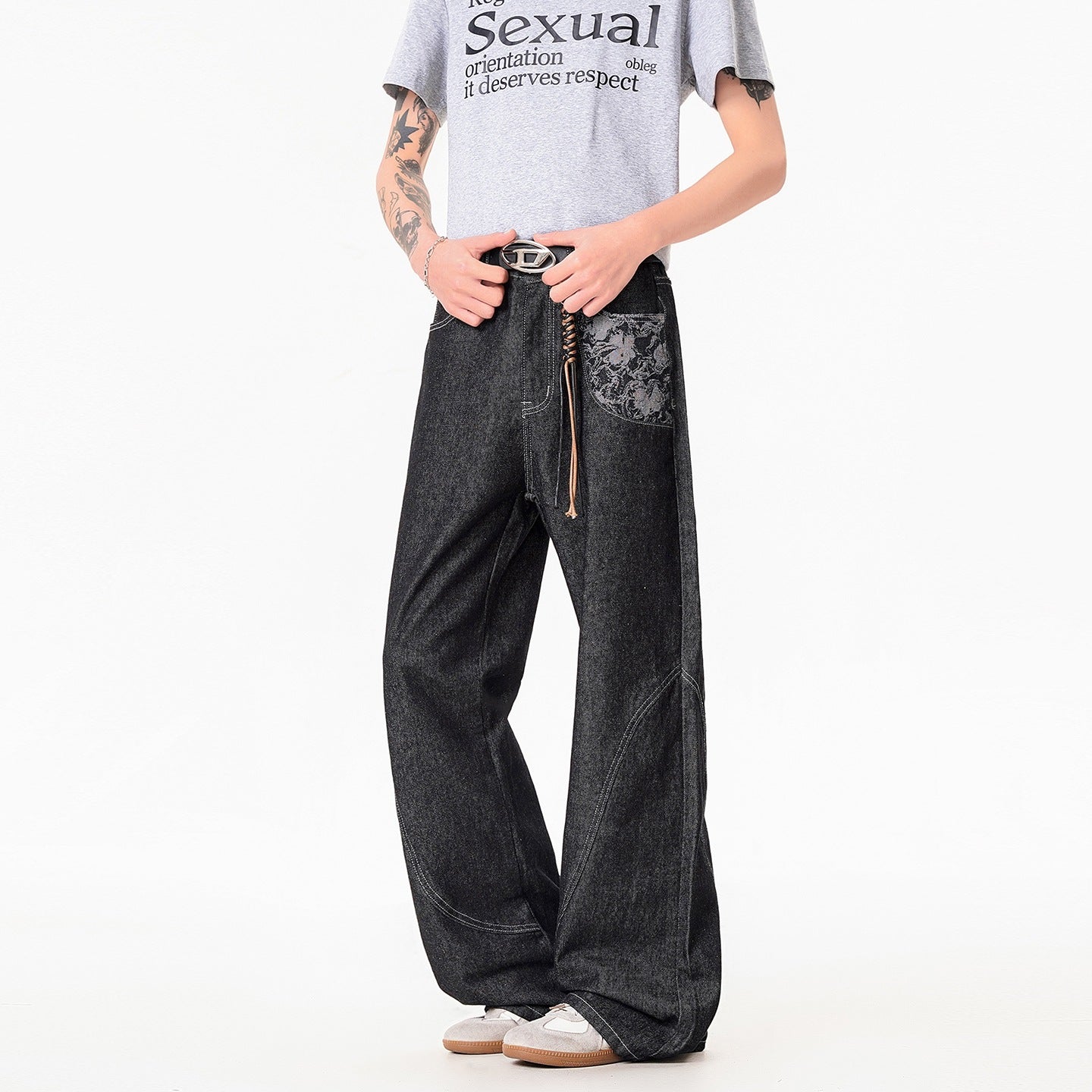 Gray Charcoal Black Wide-Leg Jeans Men