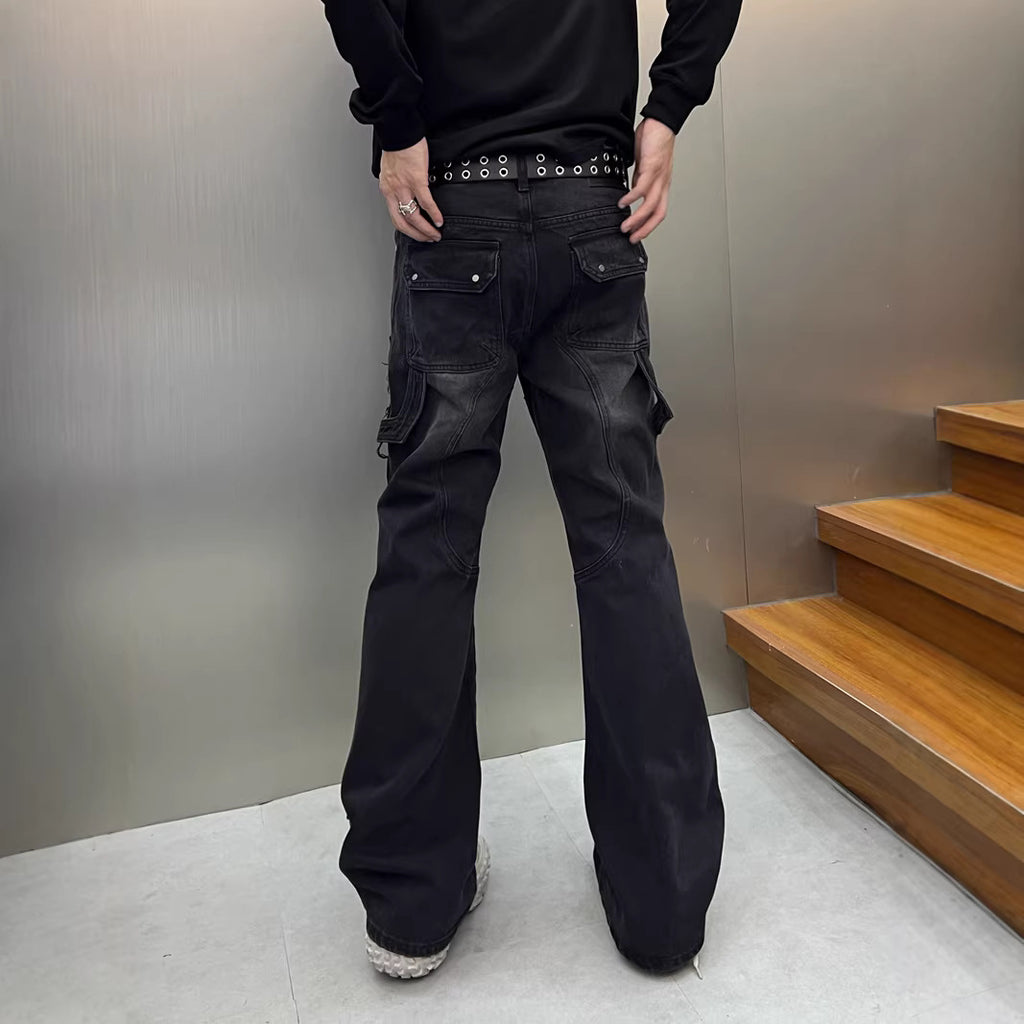 Vintage Handcrafted Distressed Denim Flare Pants for Men