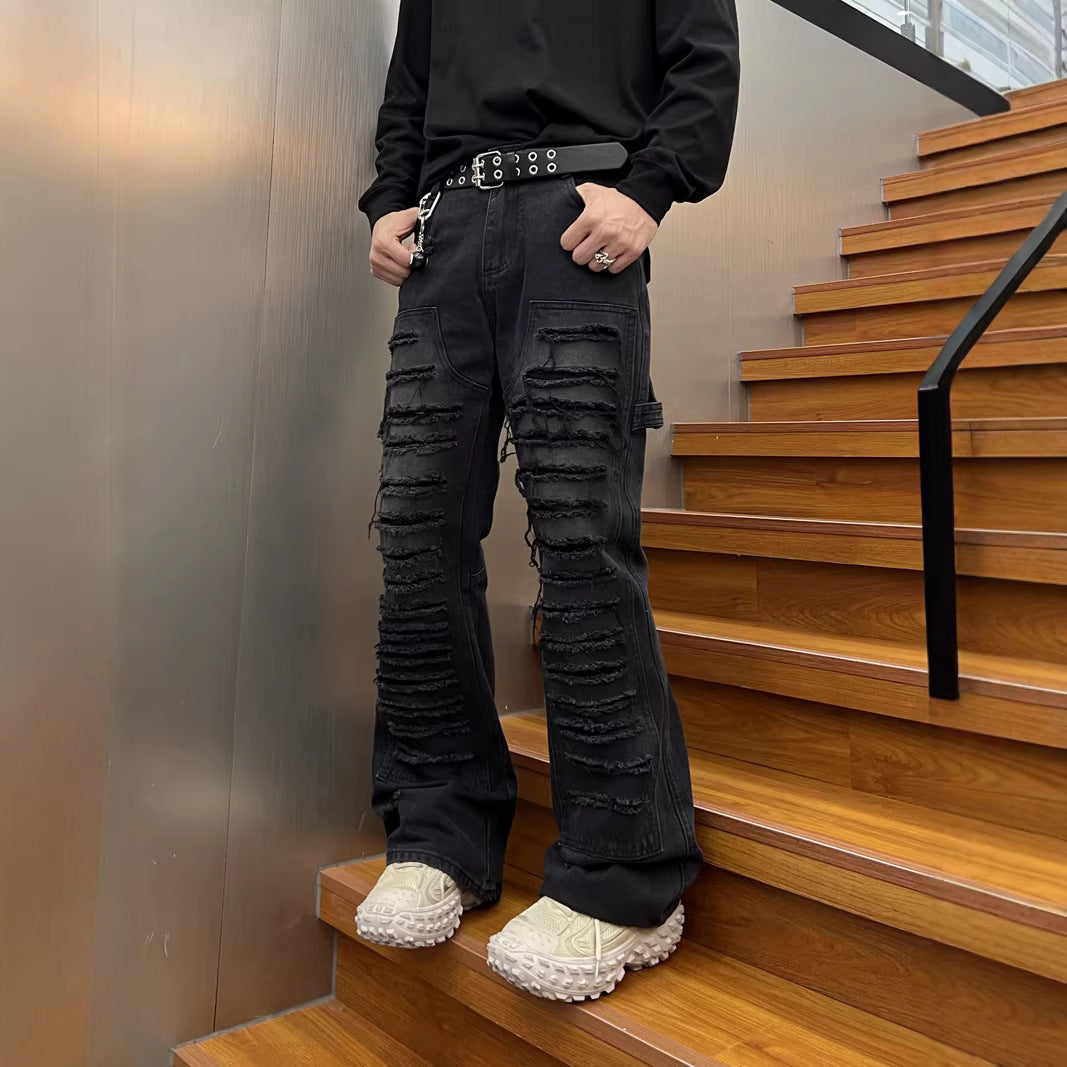 Vintage Handcrafted Distressed Denim Flare Pants for Men
