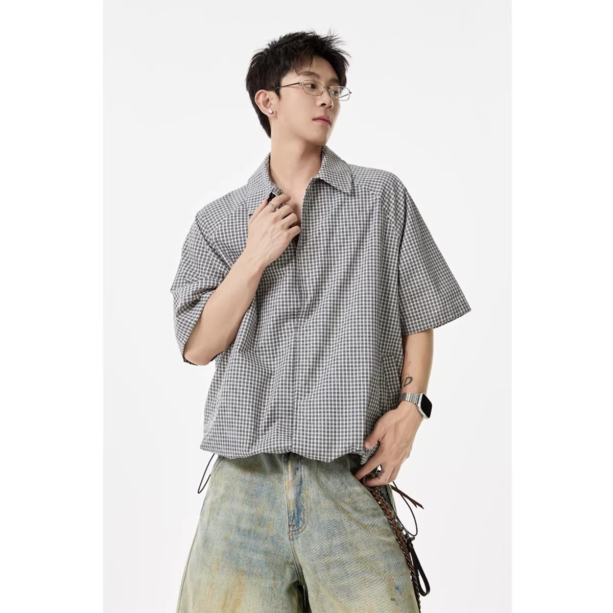 Retro Boyish Checkered Short Sleeve Shirt for Men