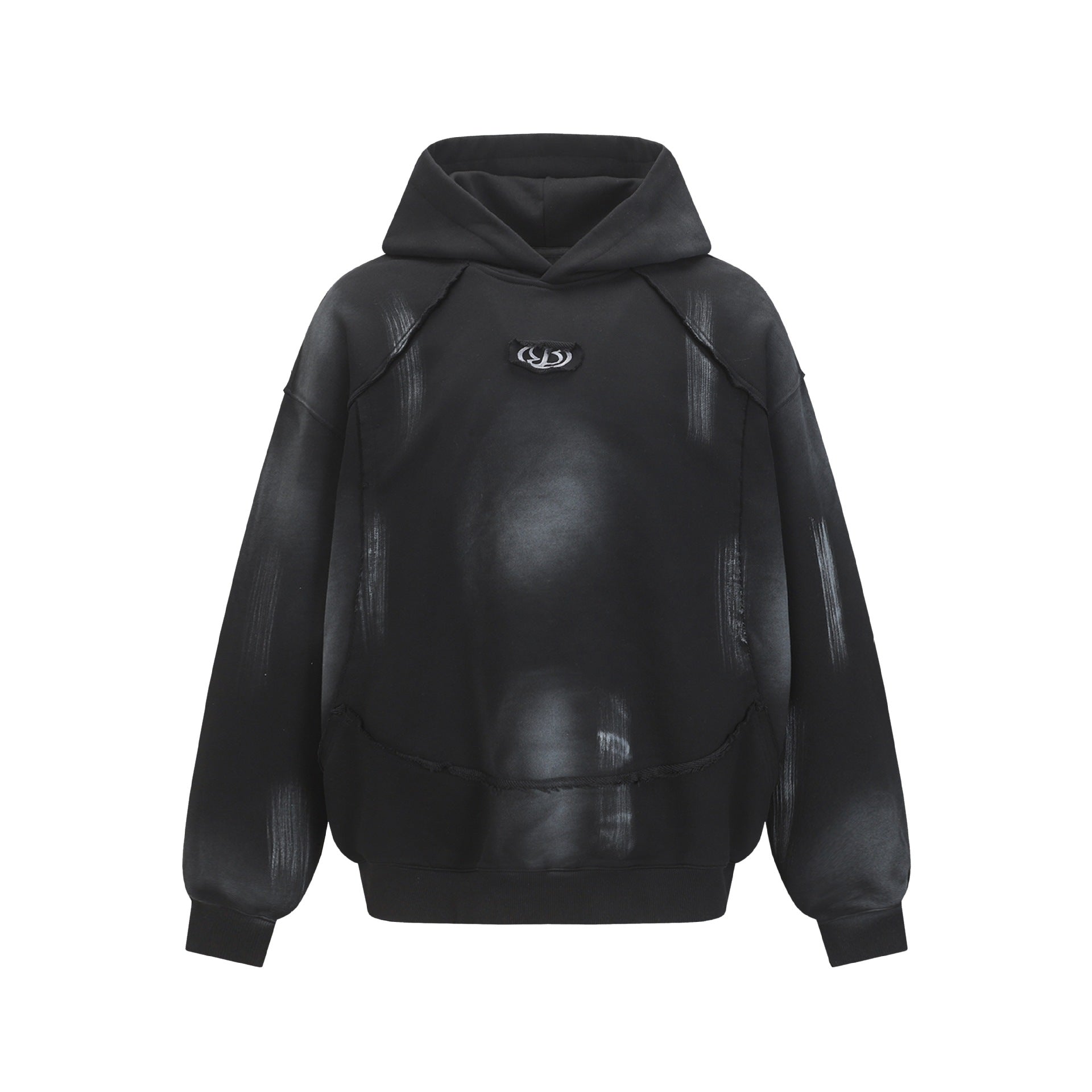Hairy edge washed and spray dyed hoodie
