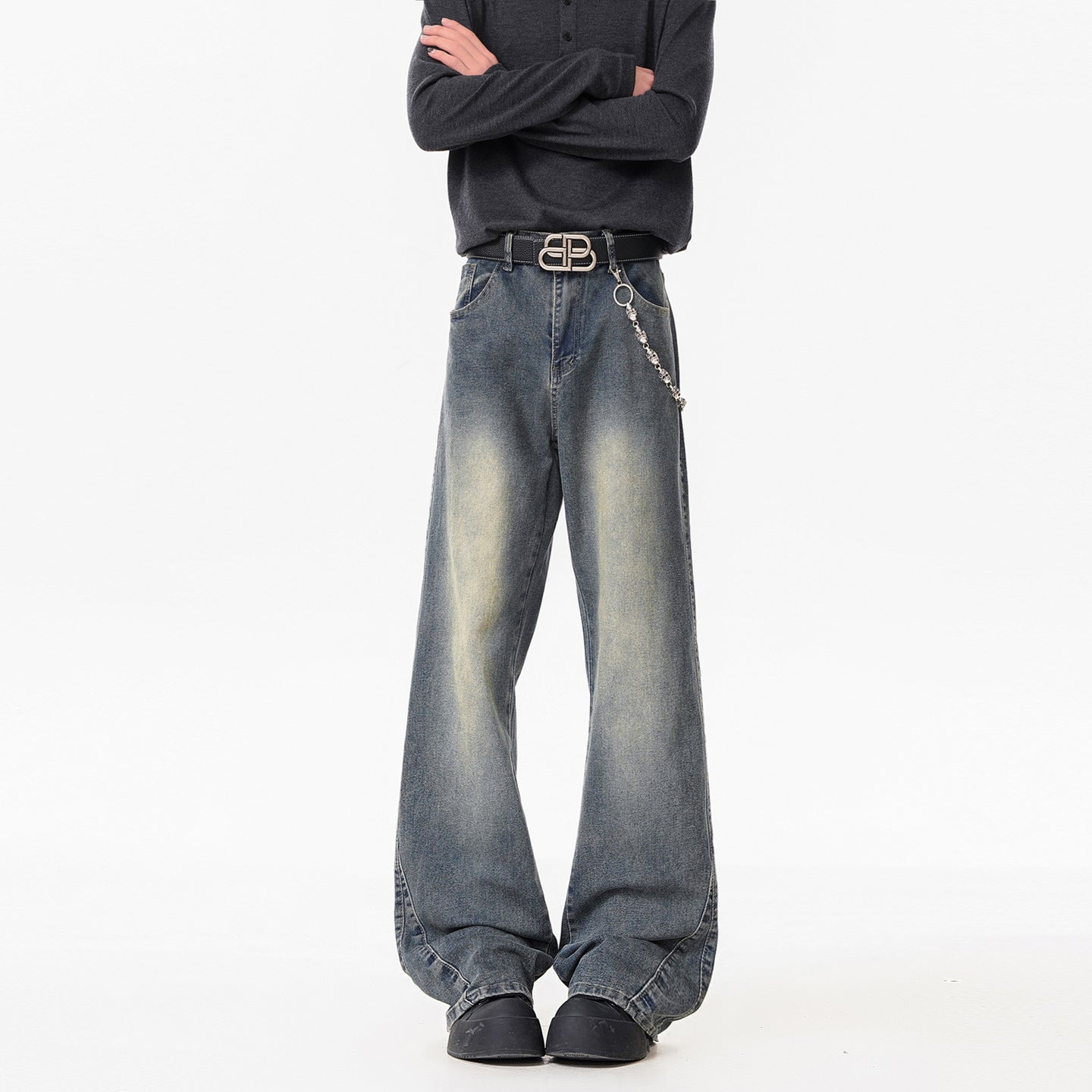 Texture Washed Knife-Edge Denim Pants Men