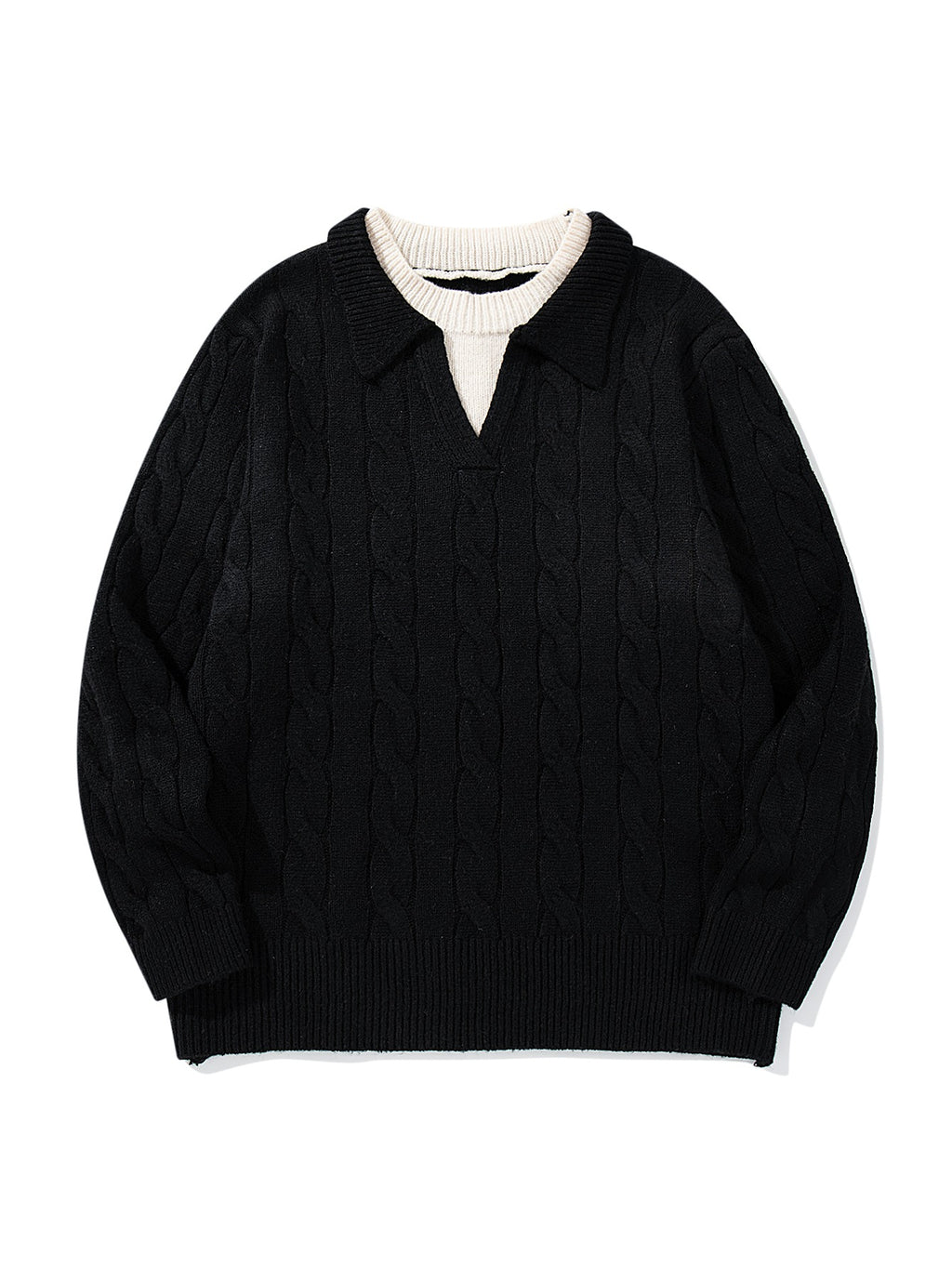 Knit Sweater Men's Faux Two-Piece Cable Knit Crewneck Pullover