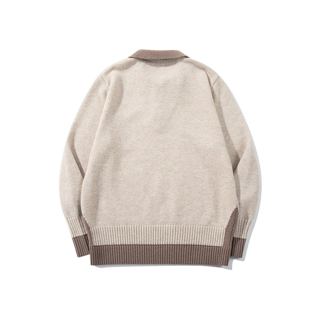 Color-Blocked Mock Two-Piece Knit Sweater with Turn-Down Collar, Unisex Casual Versatile Pullover