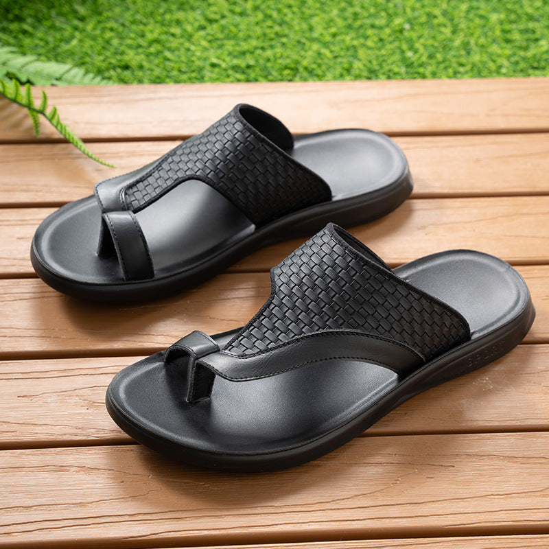 Woven Pattern Men's Slippers Summer Toe-Loop Slip-On Non-Slip Soft Sole Outdoor Beach Shoes