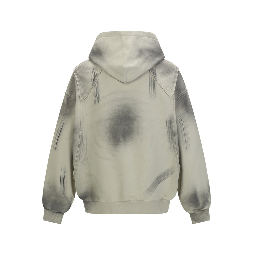 Hairy edge washed and spray dyed hoodie