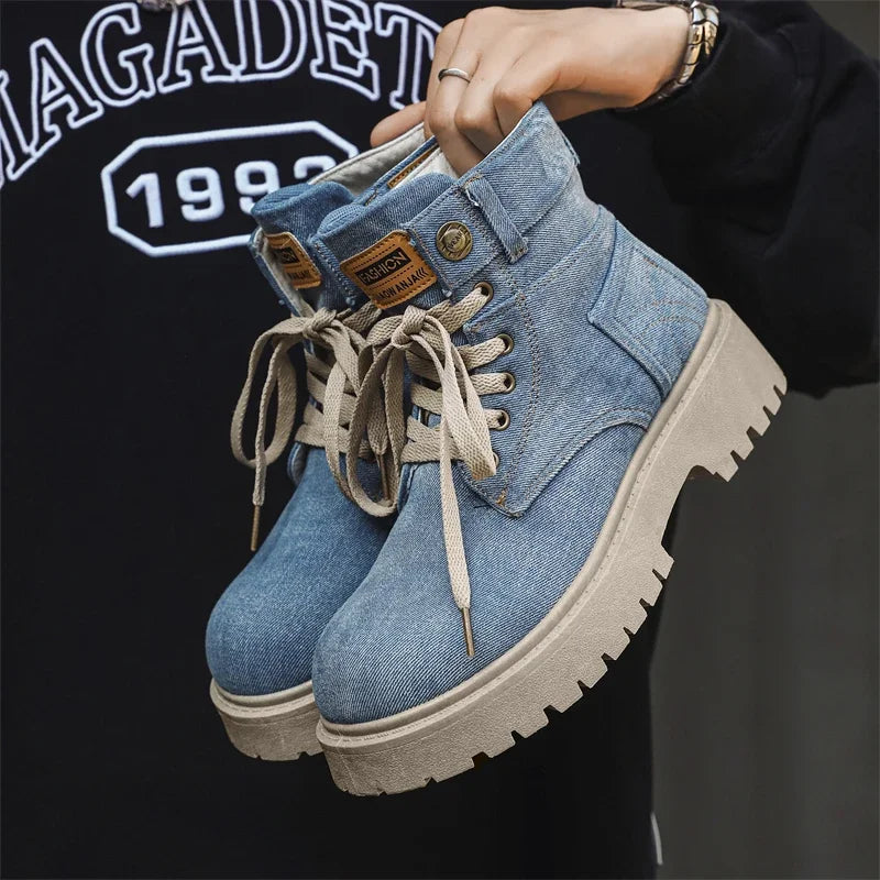 Cowboy boots new autumn thick soled Martin boots fashionable retro washed high top big toe shoes for men