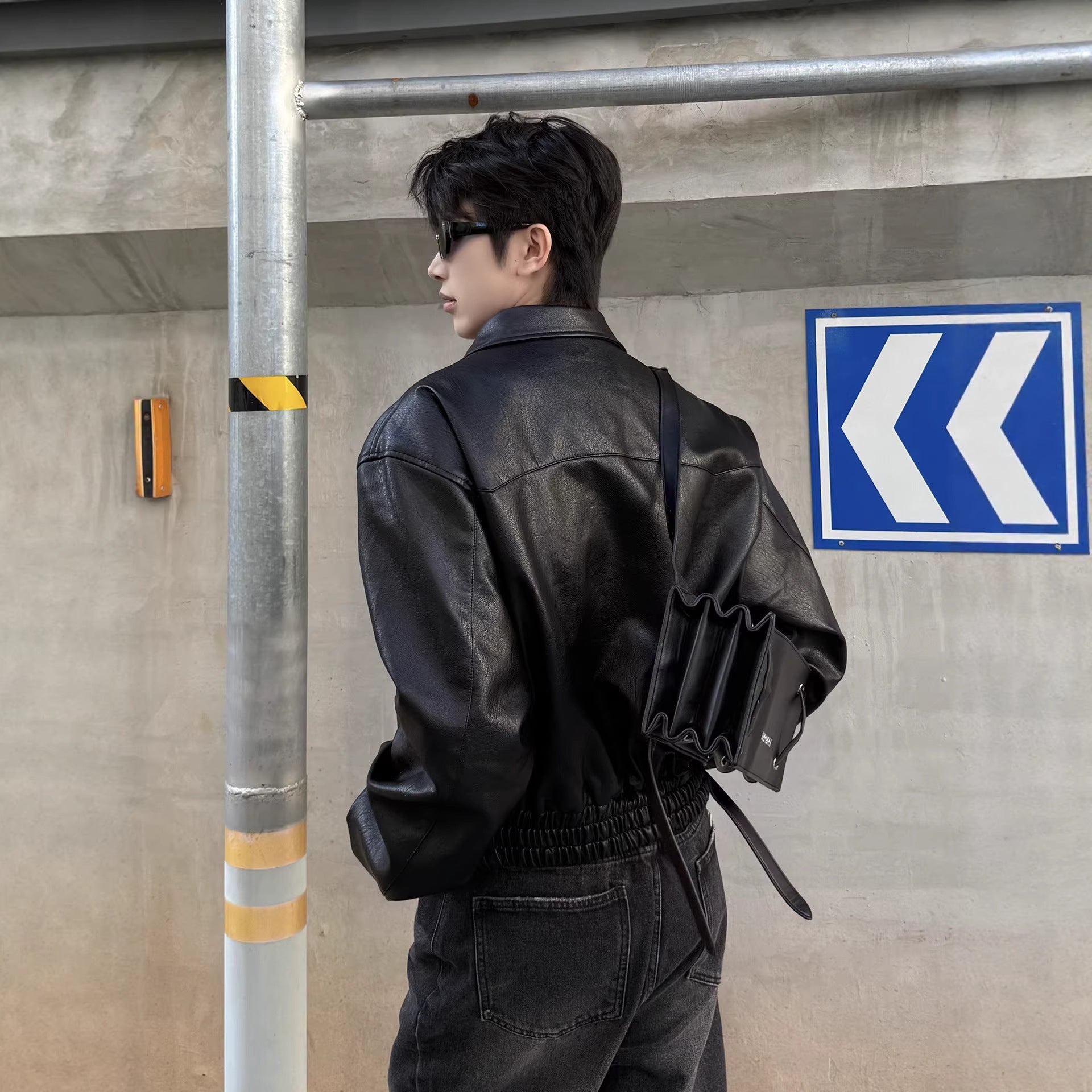 Black short leather jacket for men