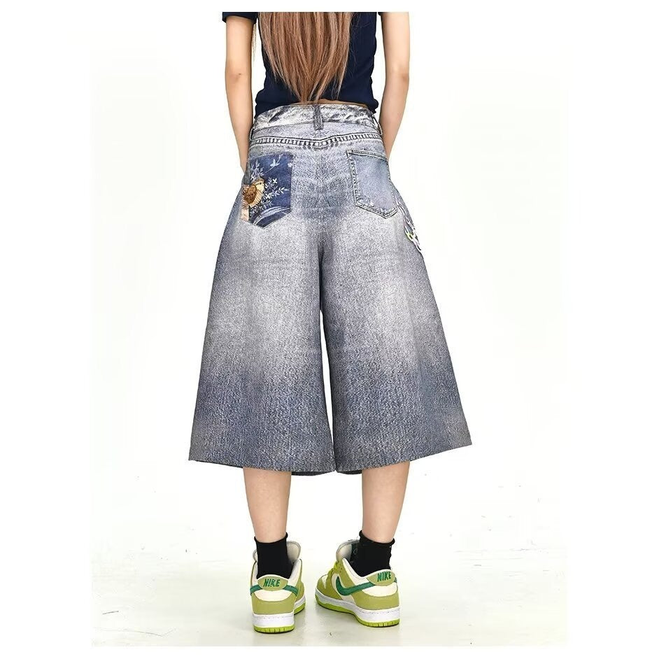 3D Printed Patchwork Denim Shorts for Men and Women