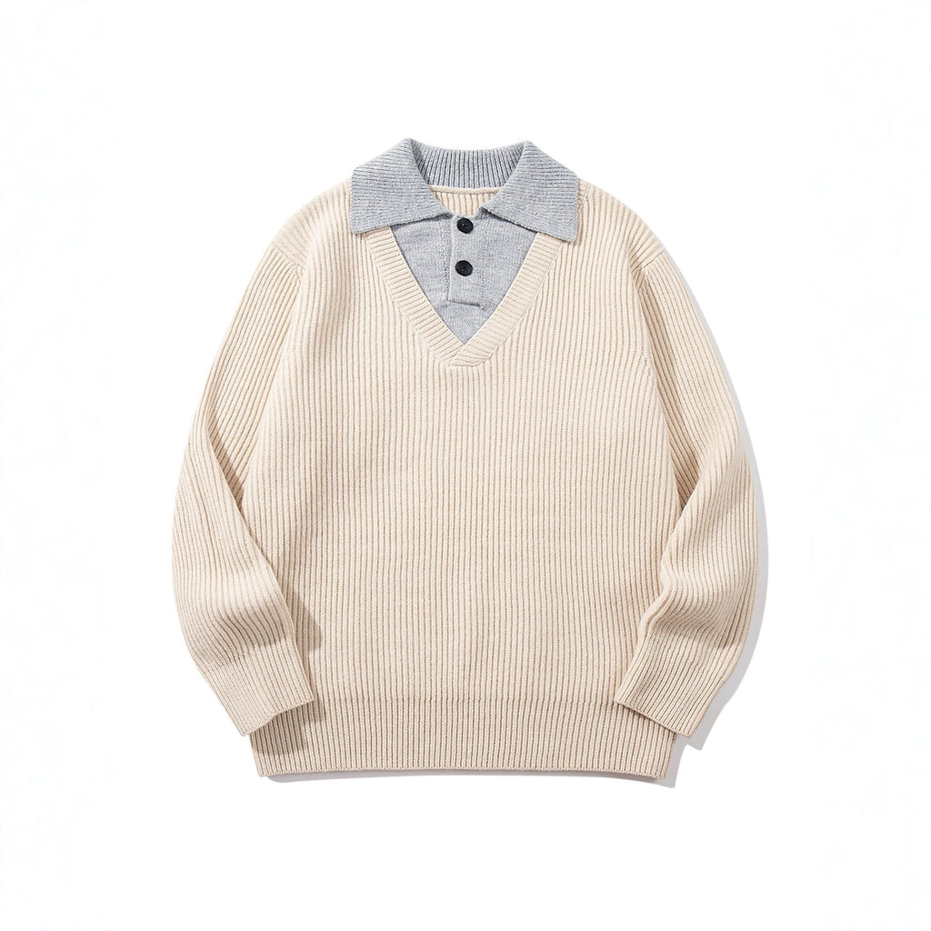 Minimalist Design Two-in-One V-Neck Color-Blocking Knit Sweater