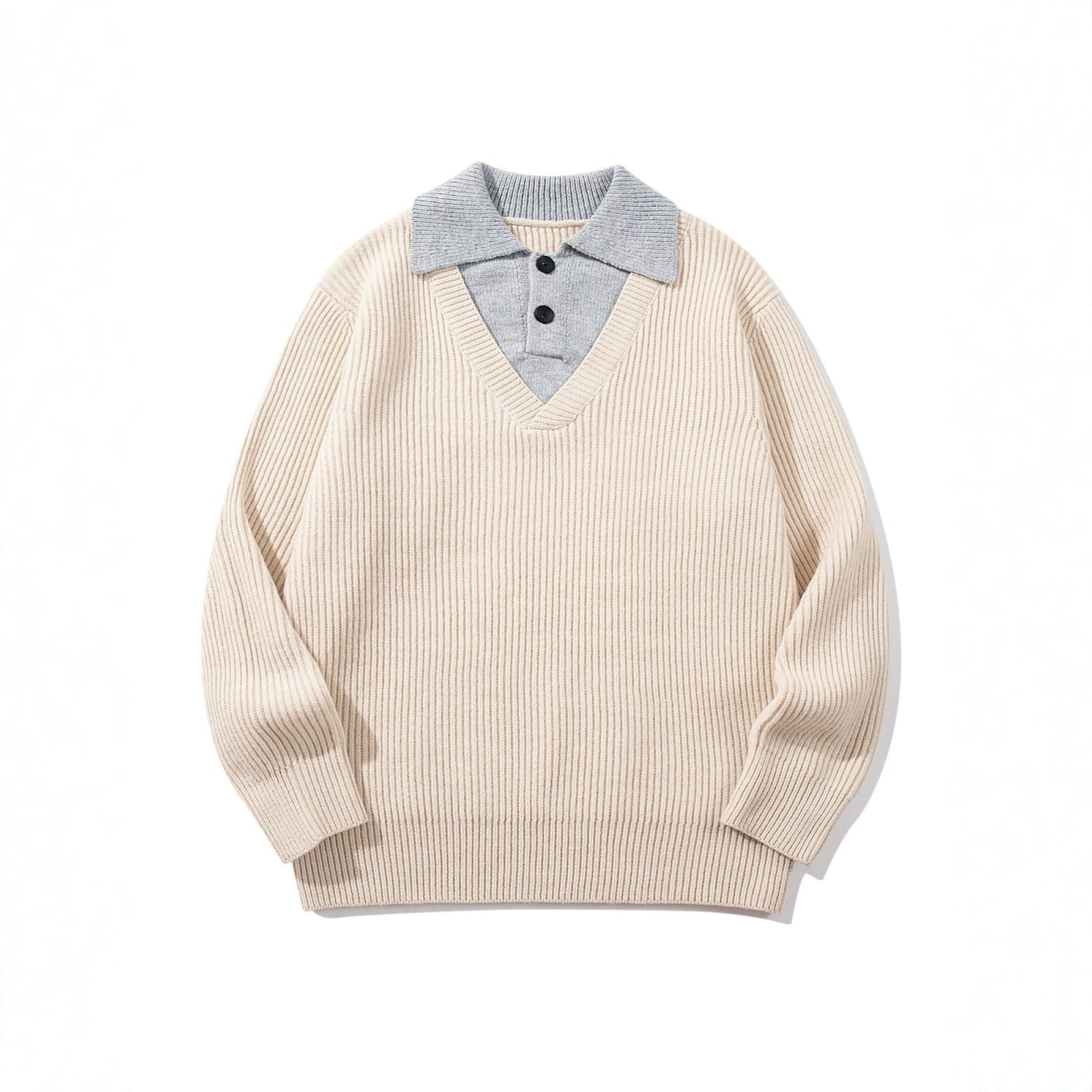 Minimalist Design Two-in-One V-Neck Color-Blocking Knit Sweater