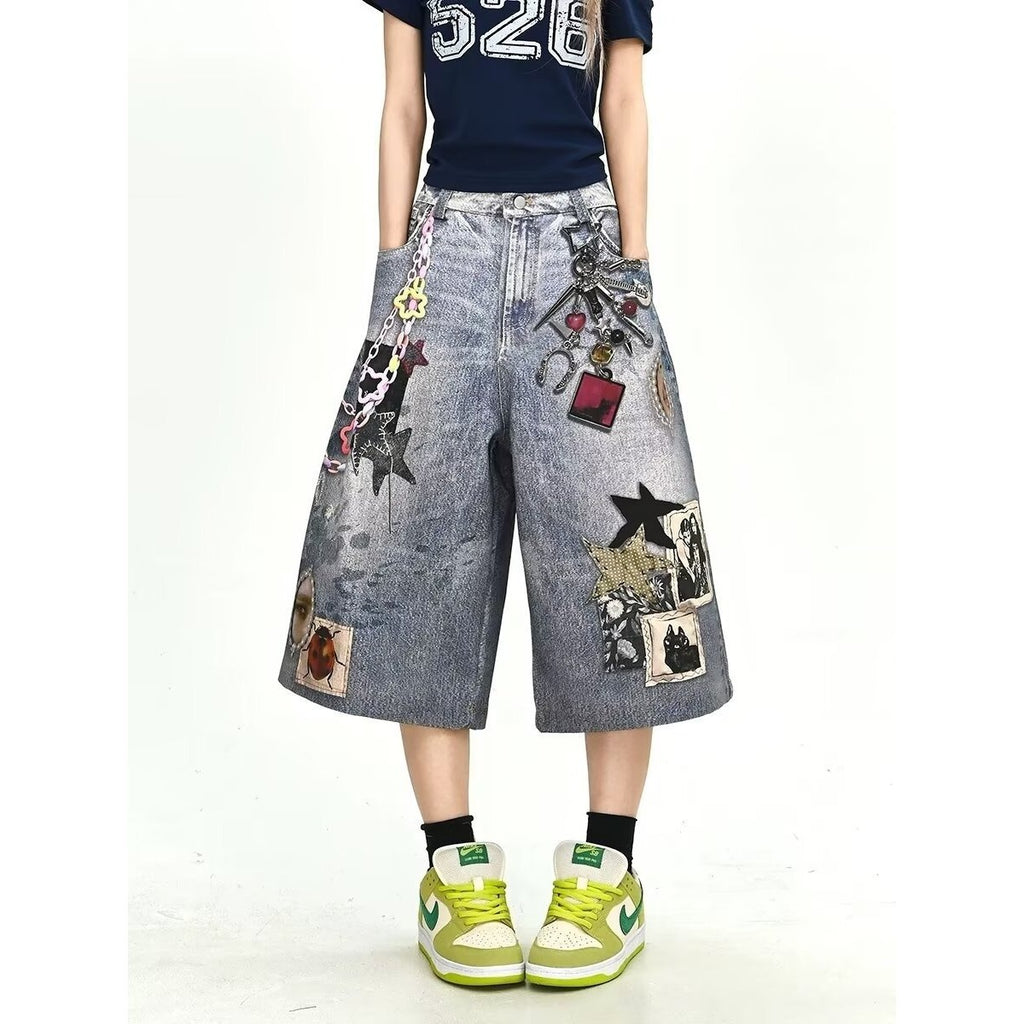 3D Printed Patchwork Denim Shorts for Men and Women
