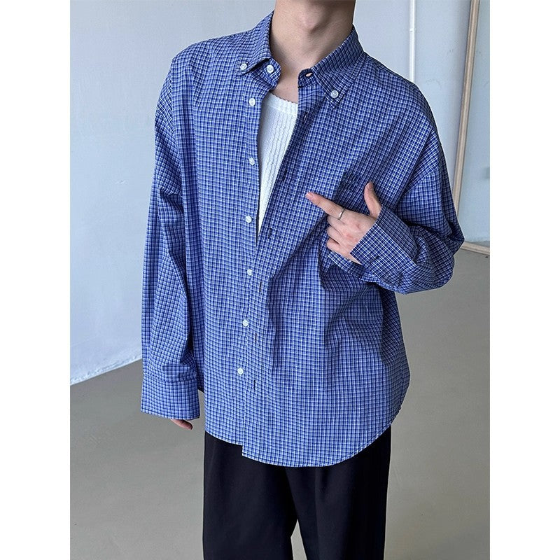 Blue Checkered Long Sleeve Shirt Men Jacket
