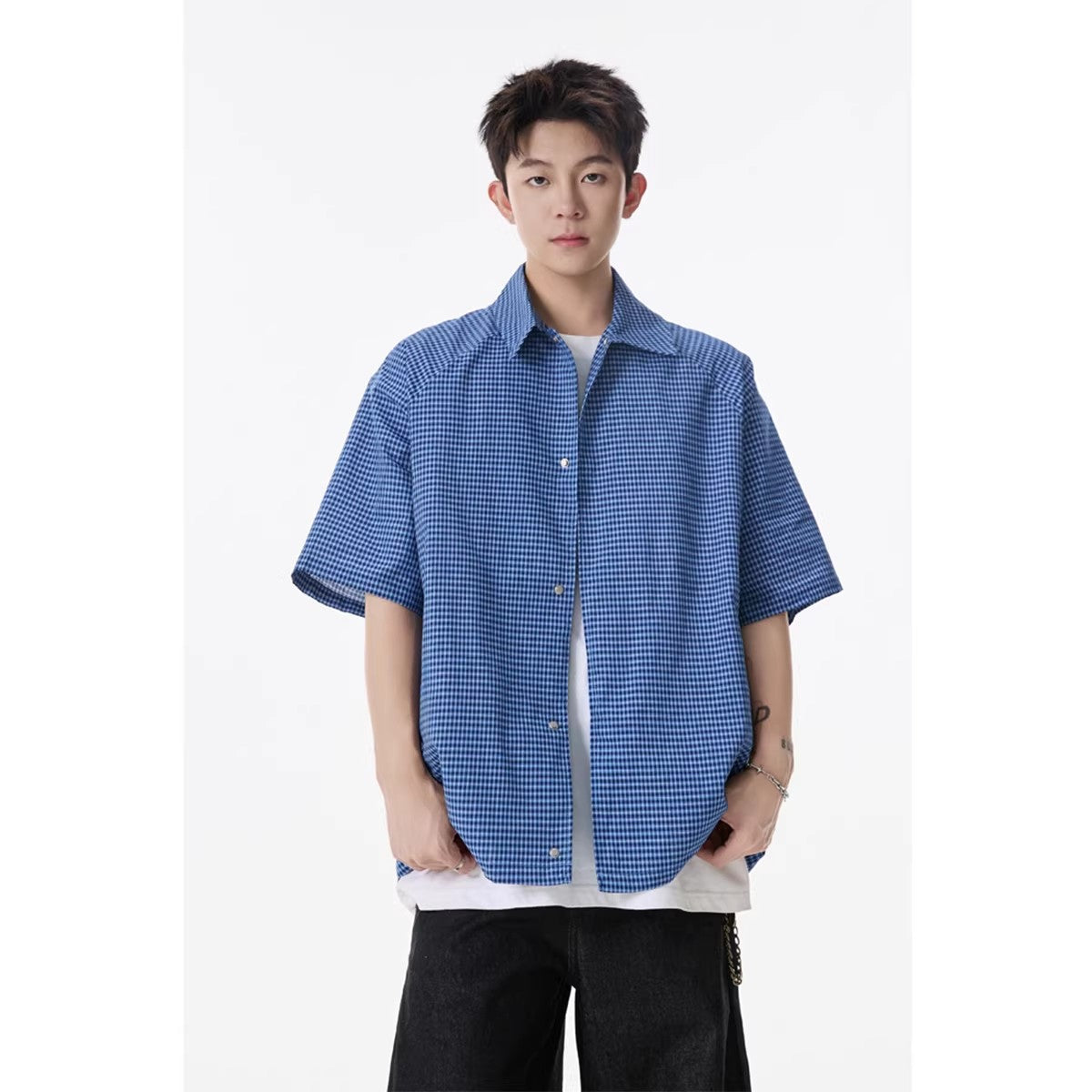 Retro Boyish Checkered Short Sleeve Shirt for Men