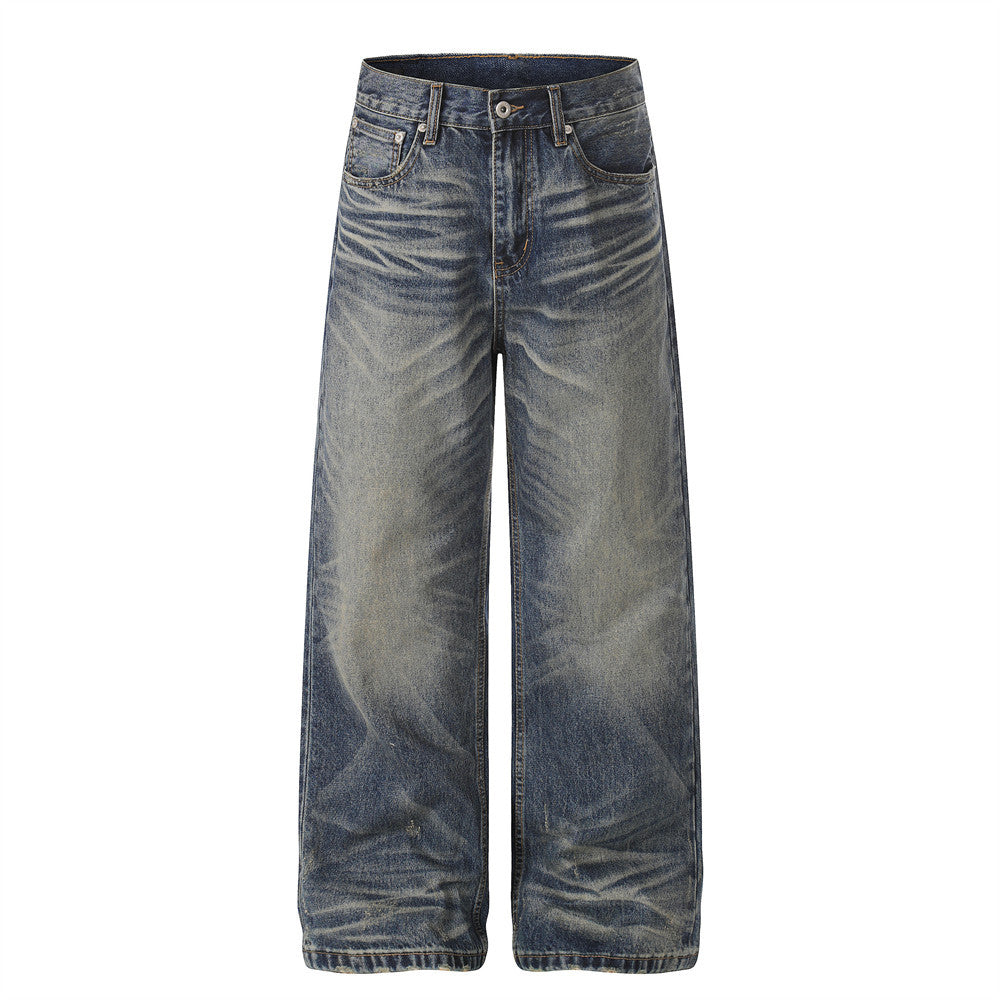 Wear and tear denim wide leg pants for men