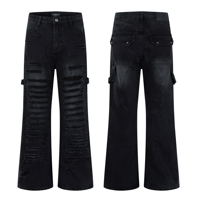 Vintage Handcrafted Distressed Denim Flare Pants for Men