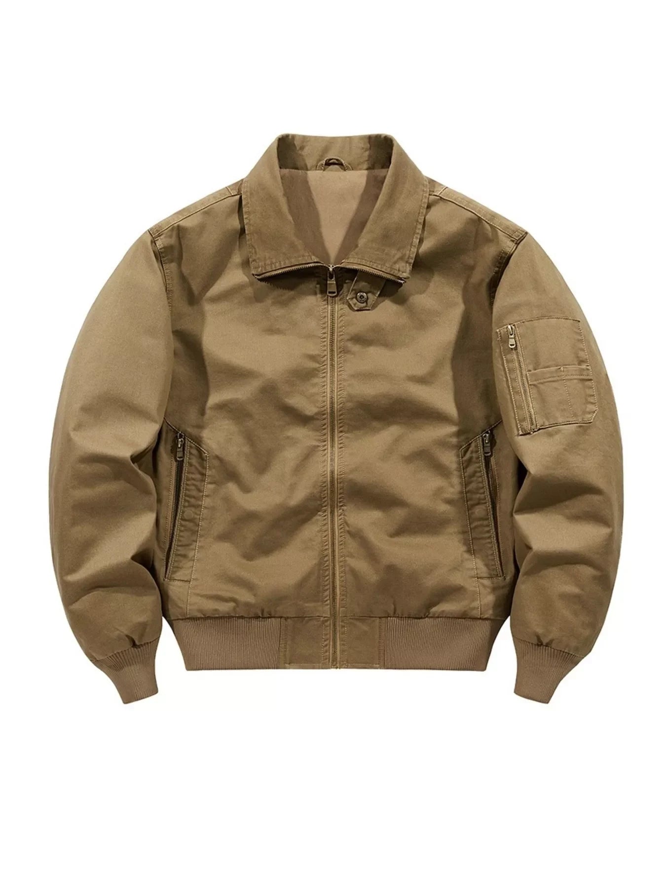 Men's tan zip-up bomber jacket with front pockets and ribbed cuffs, classic casual outerwear