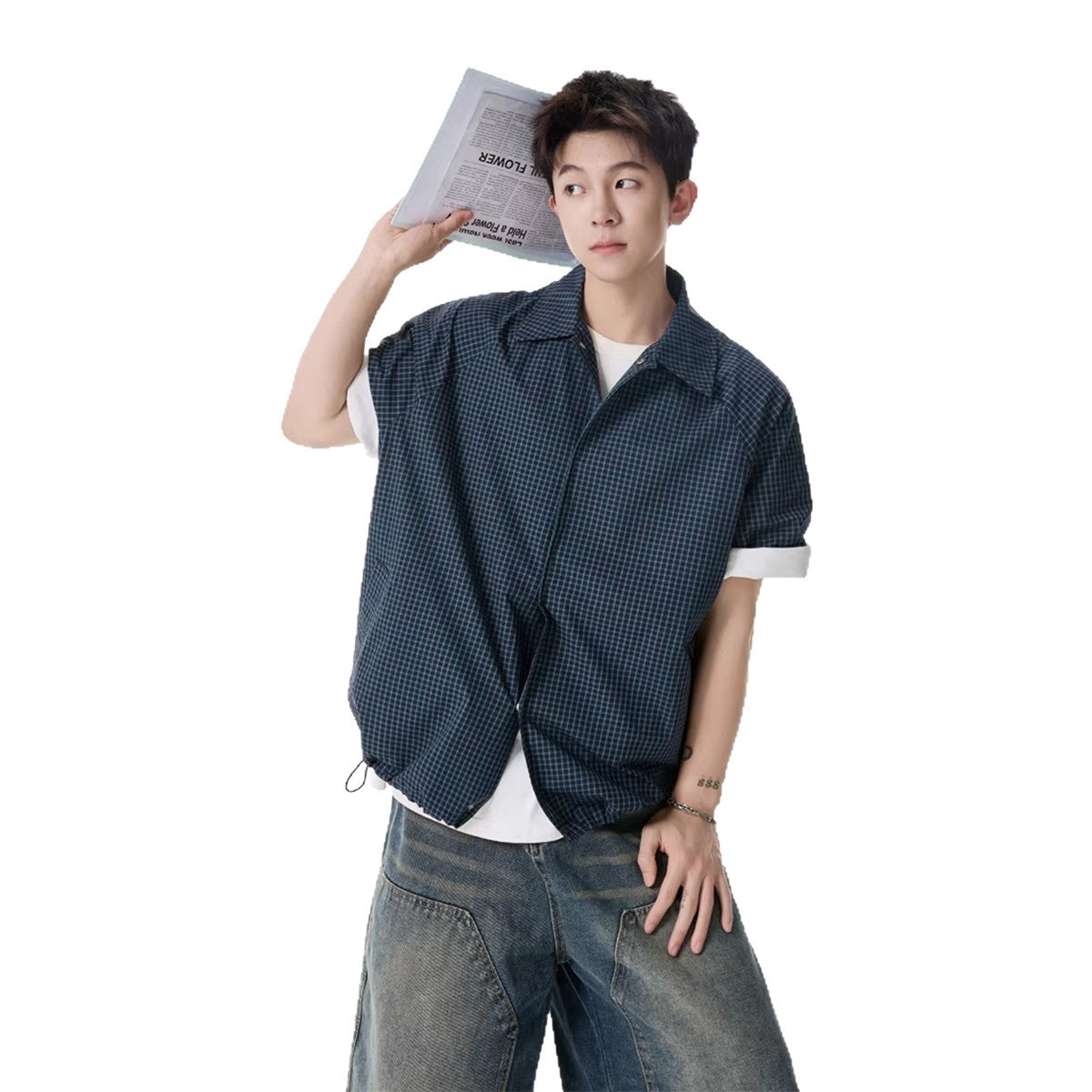 Retro Boyish Checkered Short Sleeve Shirt for Men