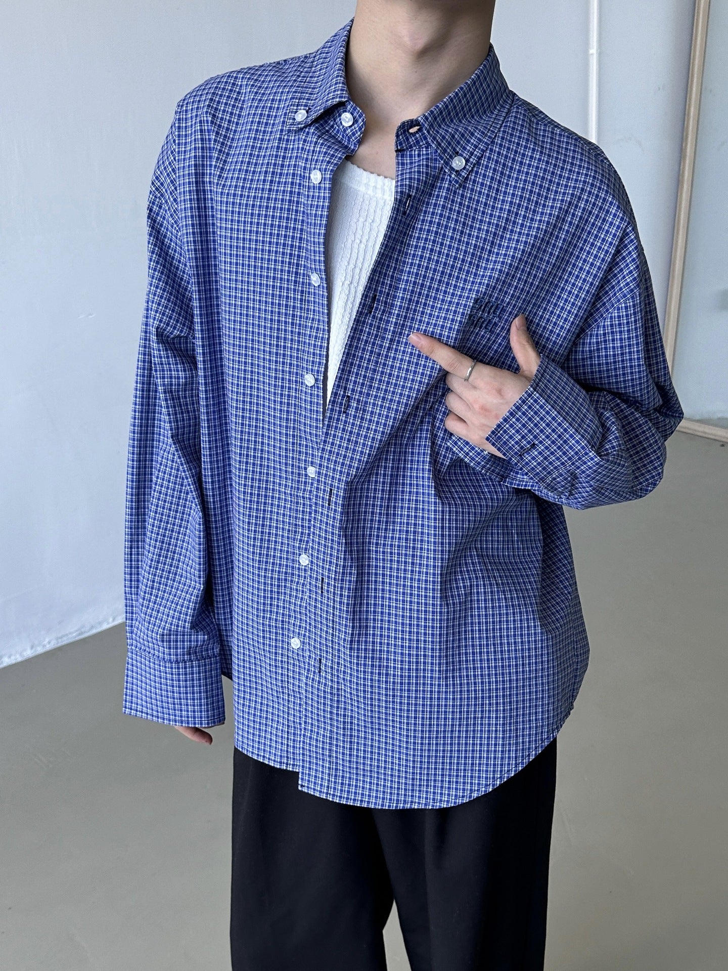 Blue Checkered Long Sleeve Shirt Men Jacket