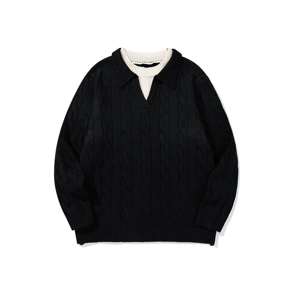 Knit Sweater Men's Faux Two-Piece Cable Knit Crewneck Pullover