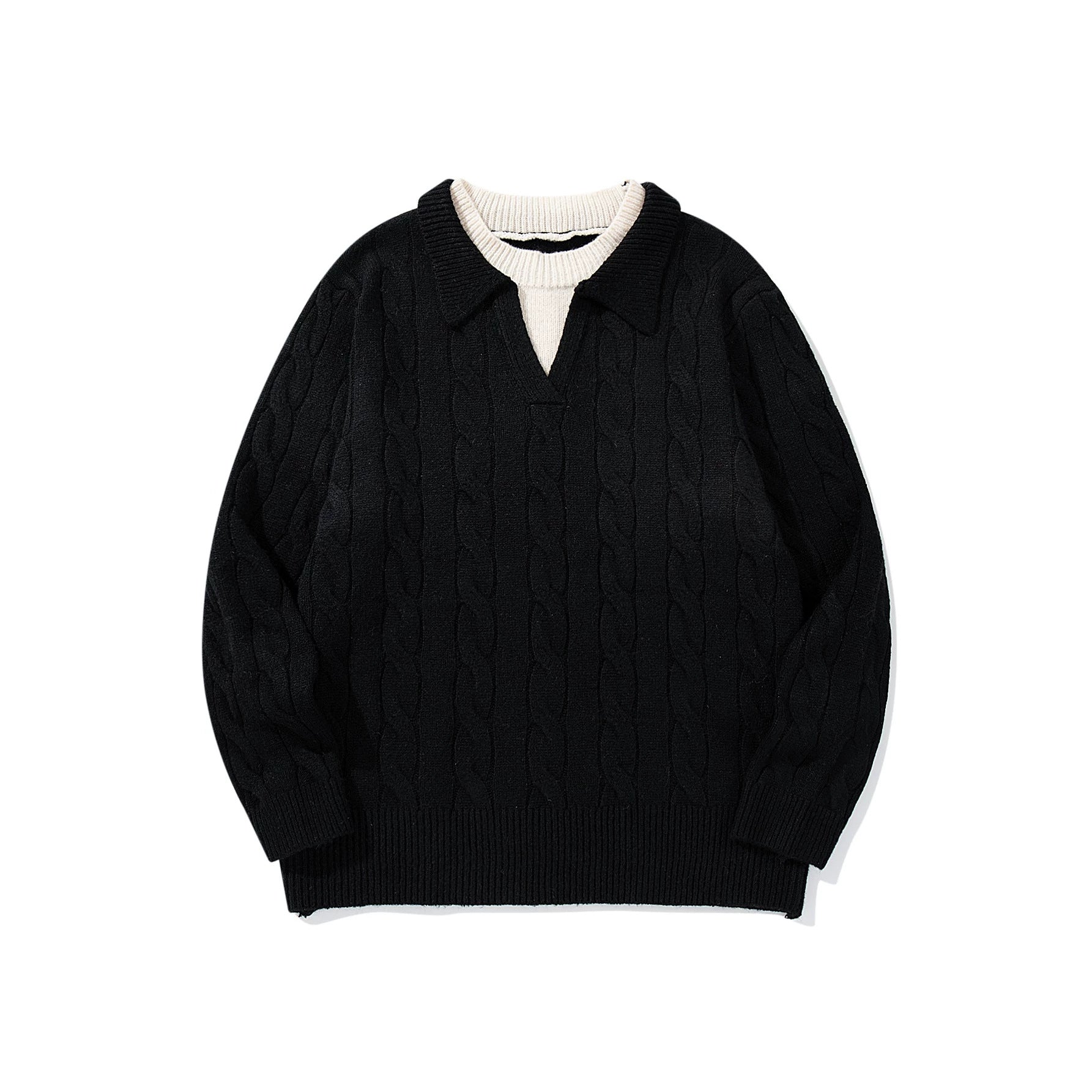 Knit Sweater Men's Faux Two-Piece Cable Knit Crewneck Pullover