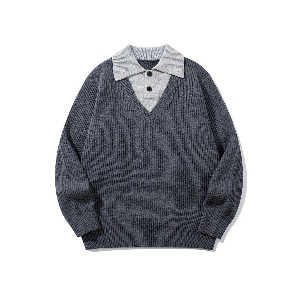 Minimalist Design Two-in-One V-Neck Color-Blocking Knit Sweater