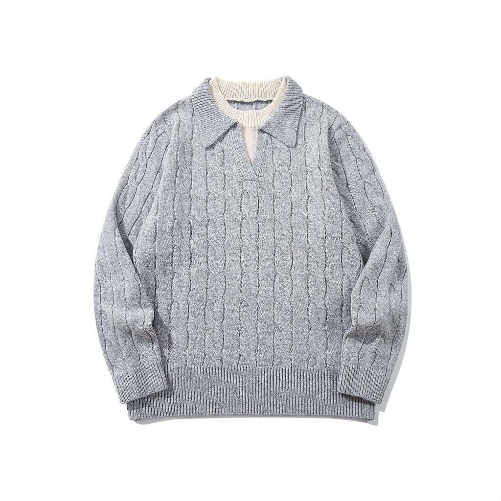 Knit Sweater Men's Faux Two-Piece Cable Knit Crewneck Pullover