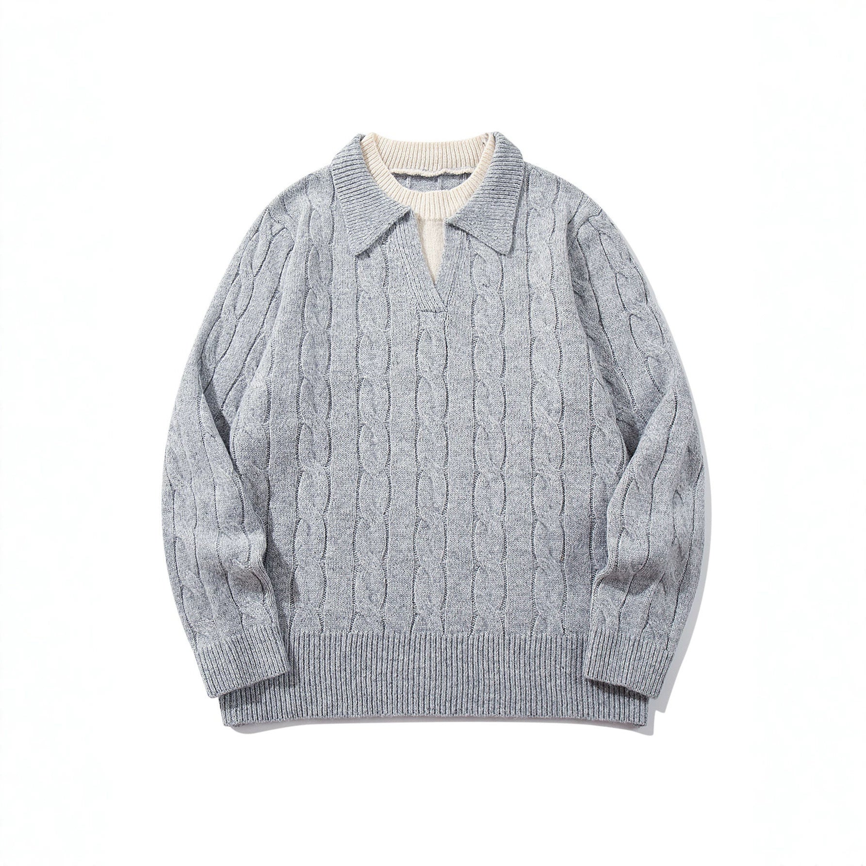Knit Sweater Men's Faux Two-Piece Cable Knit Crewneck Pullover
