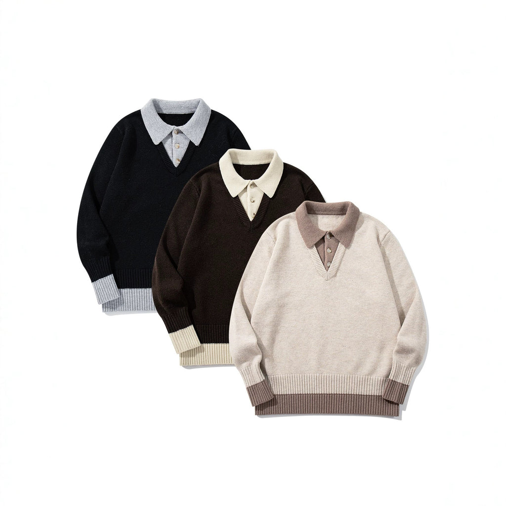 Color-Blocked Mock Two-Piece Knit Sweater with Turn-Down Collar, Unisex Casual Versatile Pullover