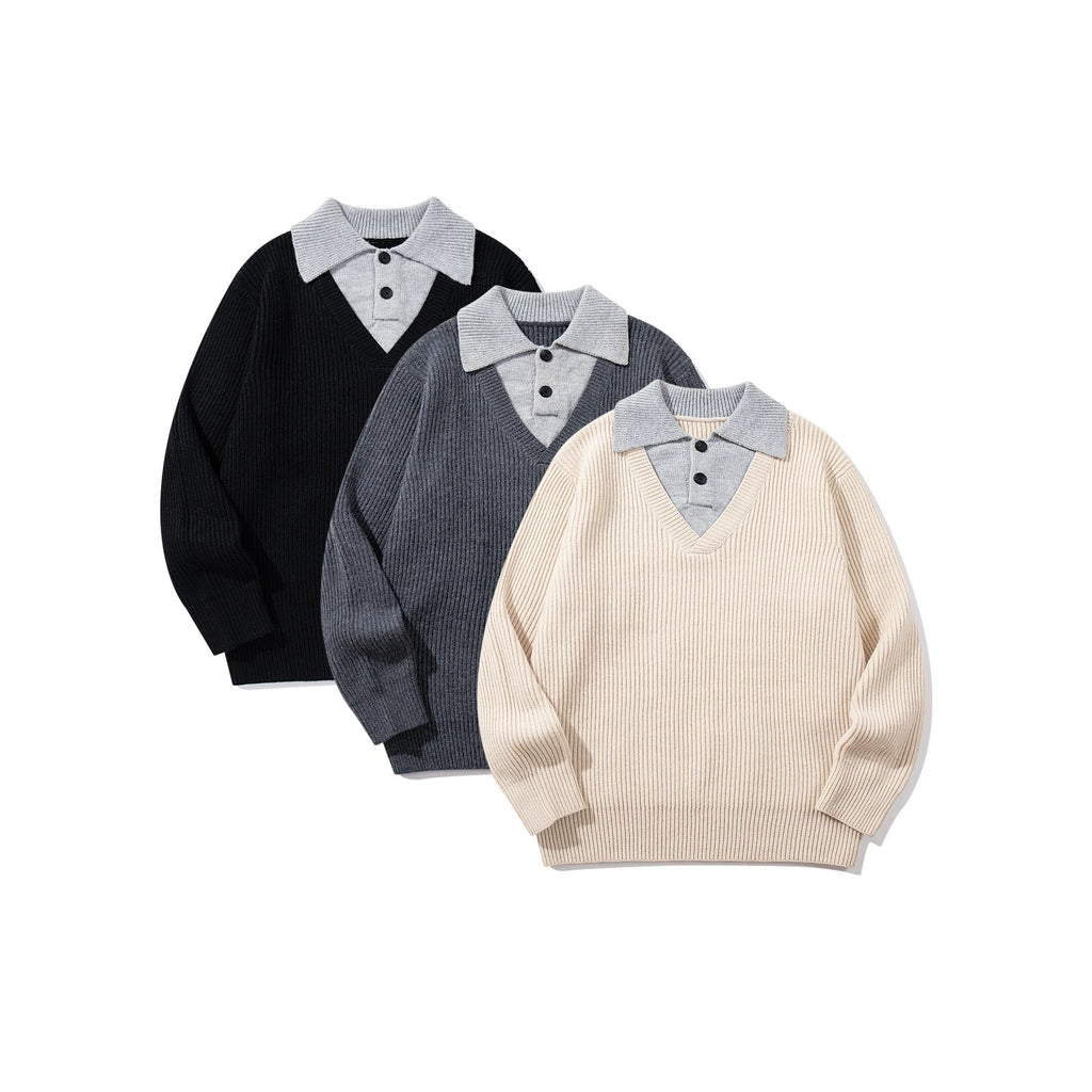 Minimalist Design Two-in-One V-Neck Color-Blocking Knit Sweater