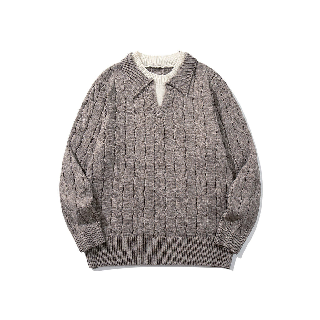 Knit Sweater Men's Faux Two-Piece Cable Knit Crewneck Pullover